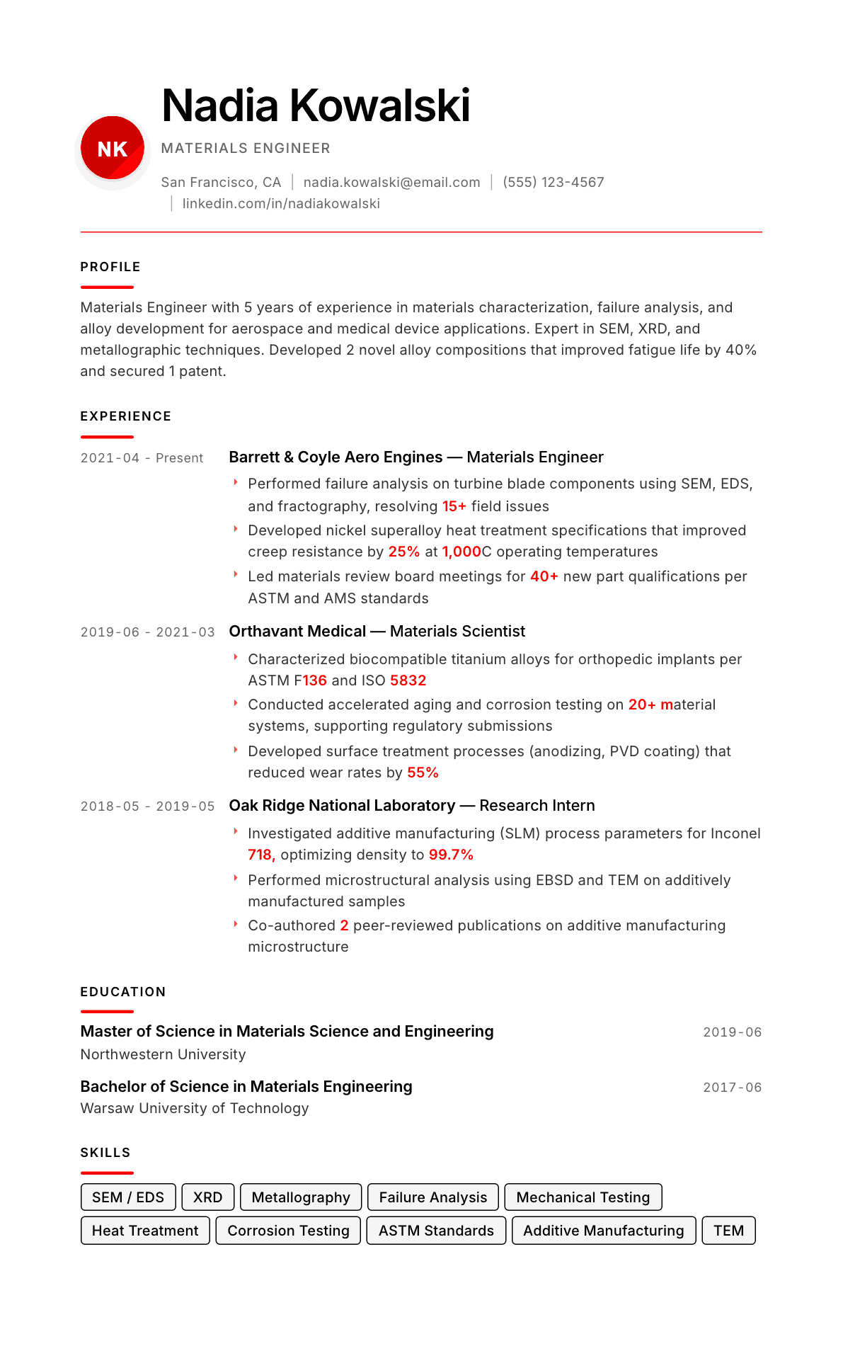 Materials Engineer resume example, Swiss Modernist template
