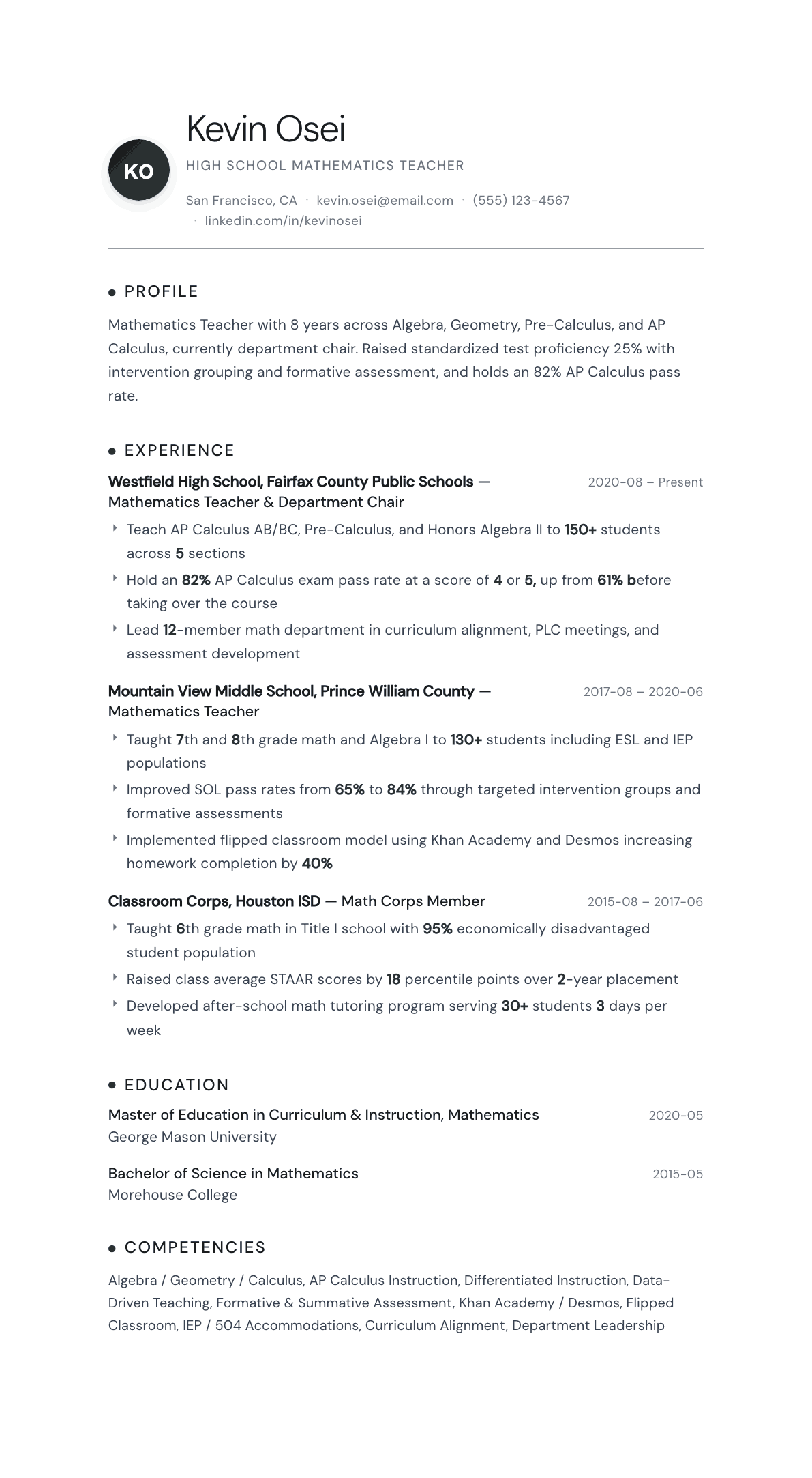 Math Teacher resume example, Pinnacle template