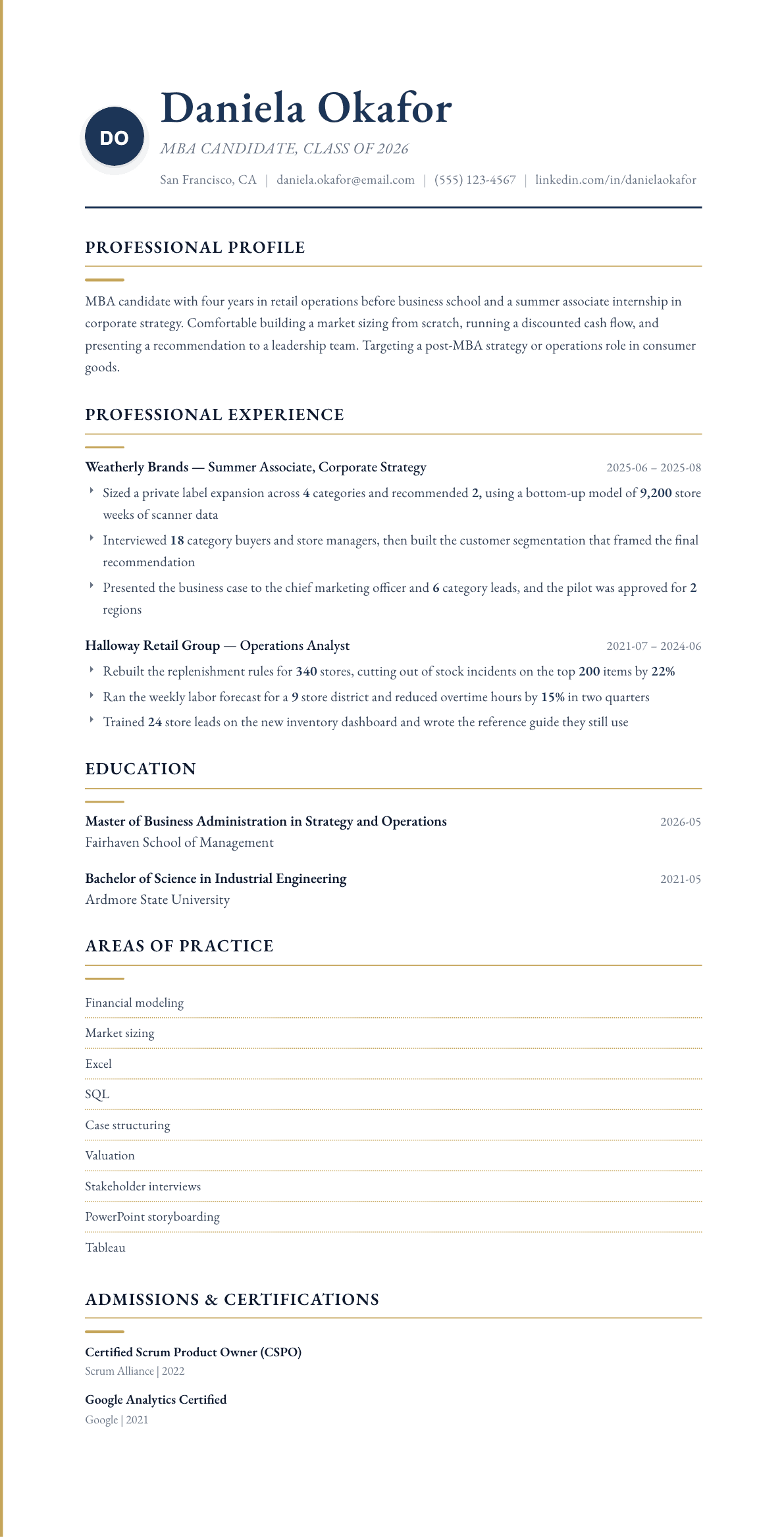 MBA Graduate resume example, Folio template