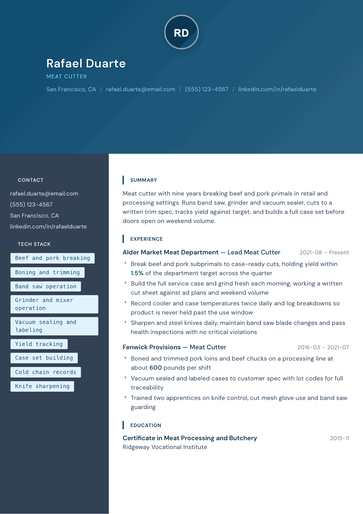 Meat Cutter resume example, Prism template