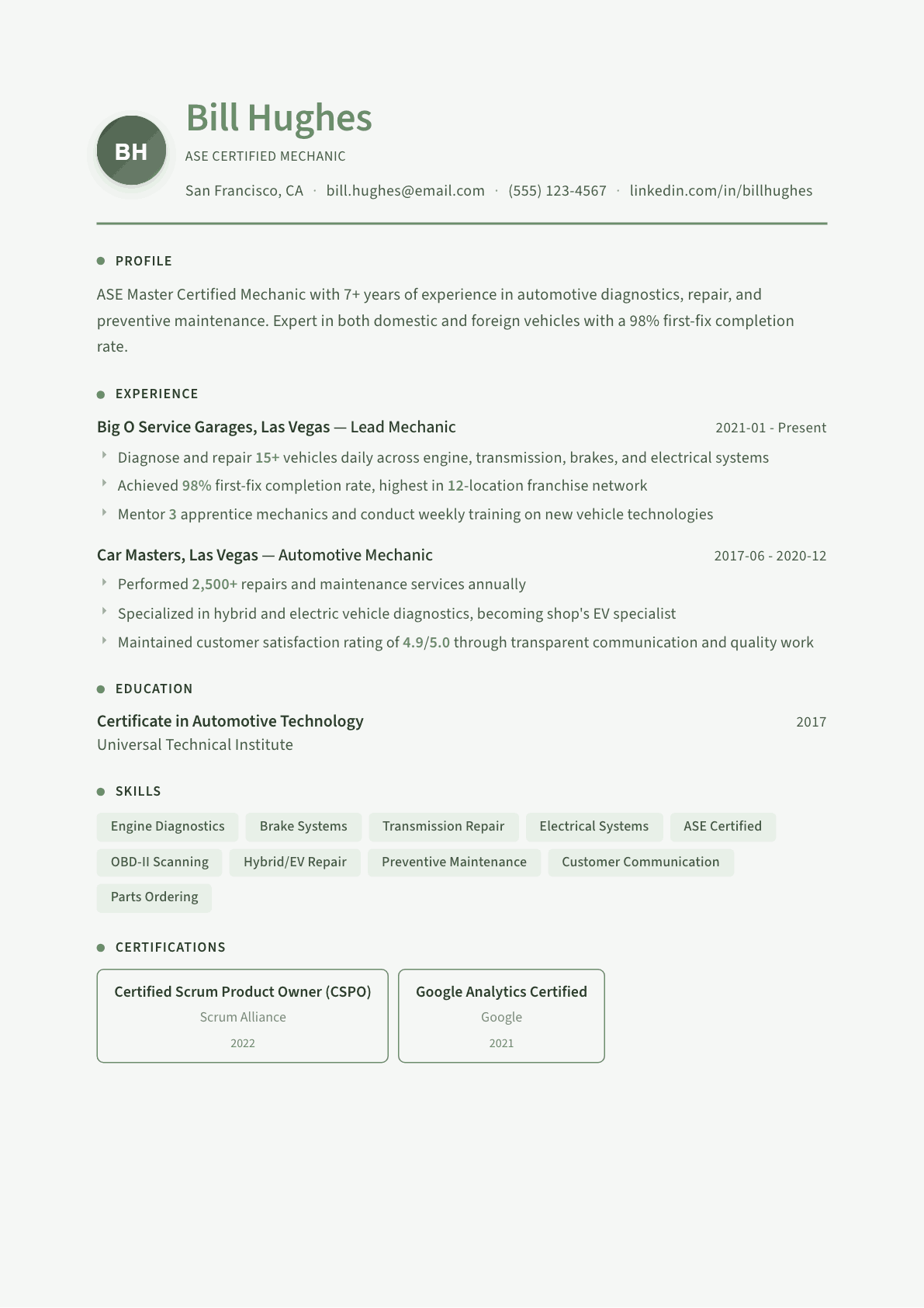 Mechanic resume example, Sage Garden template