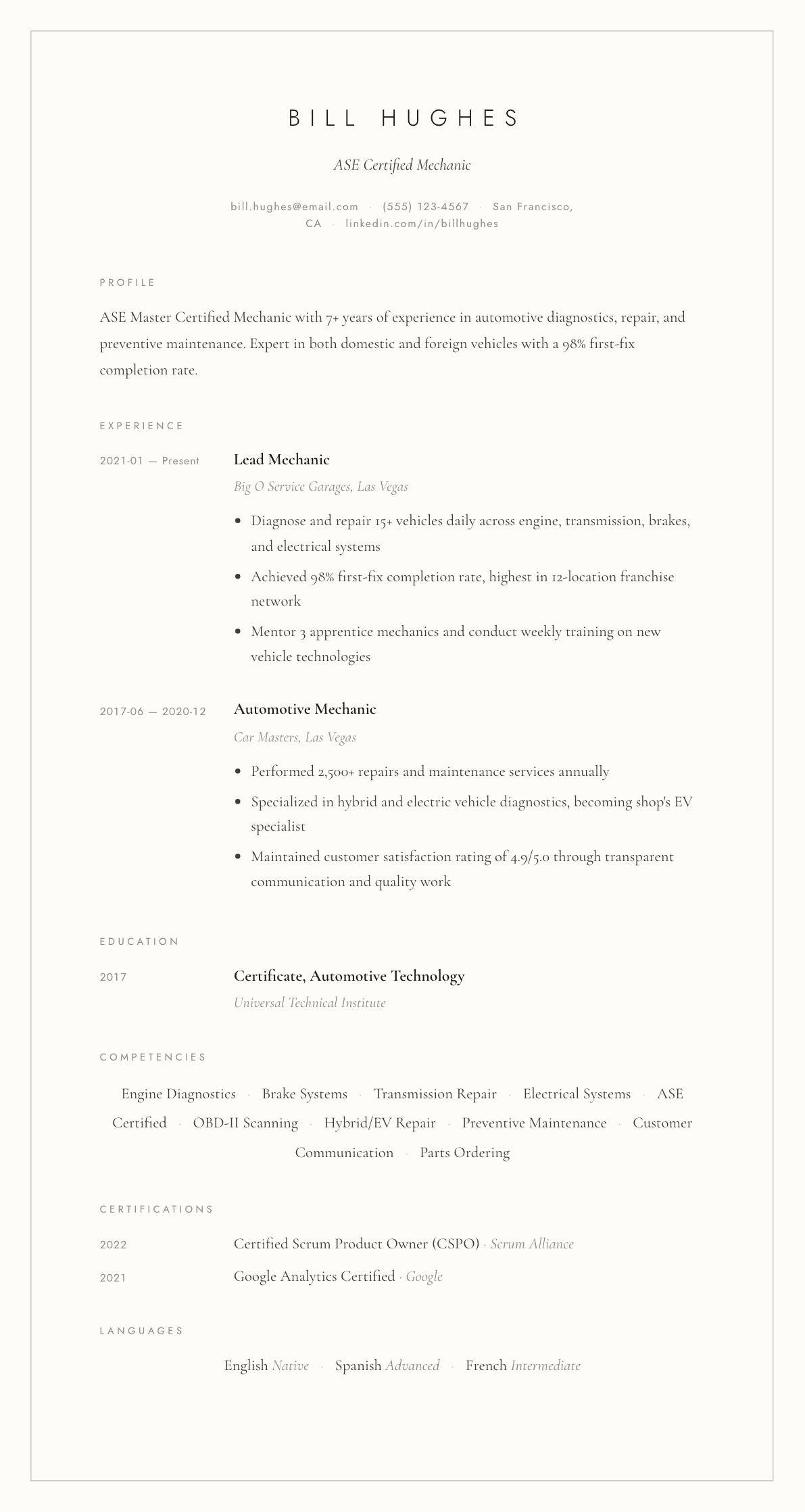 Mechanic resume example, Vellum template