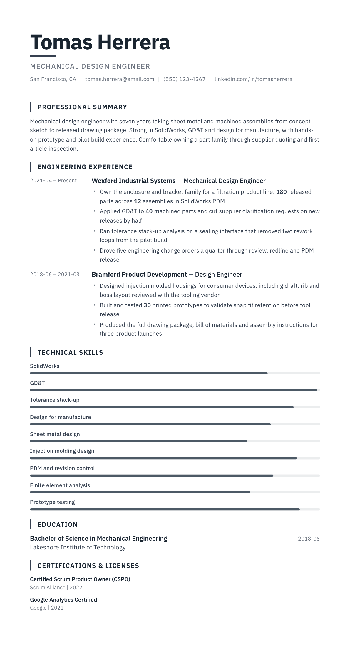 Mechanical Design Engineer resume example, Blueprint template
