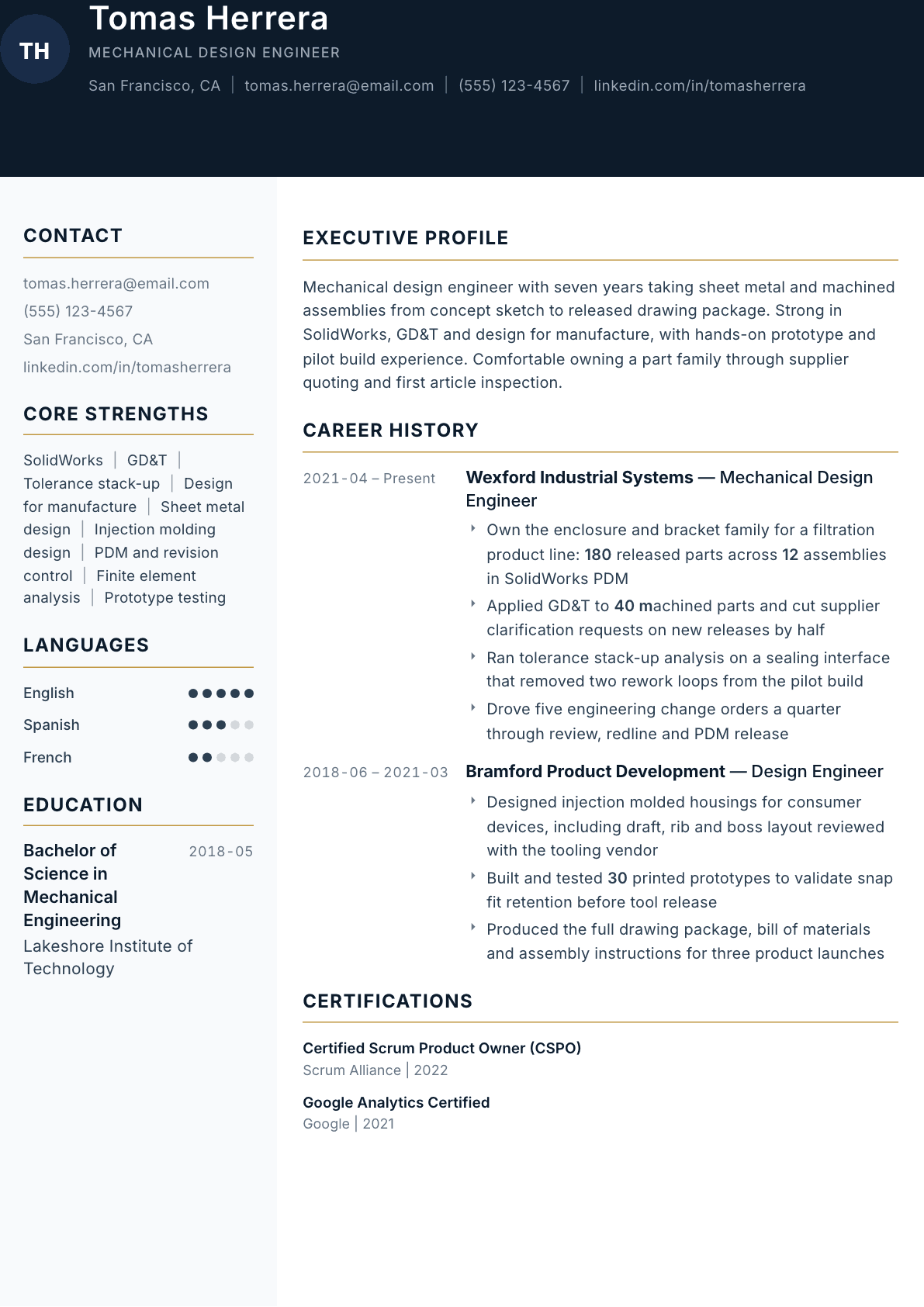 Mechanical Design Engineer resume example, Consulate template
