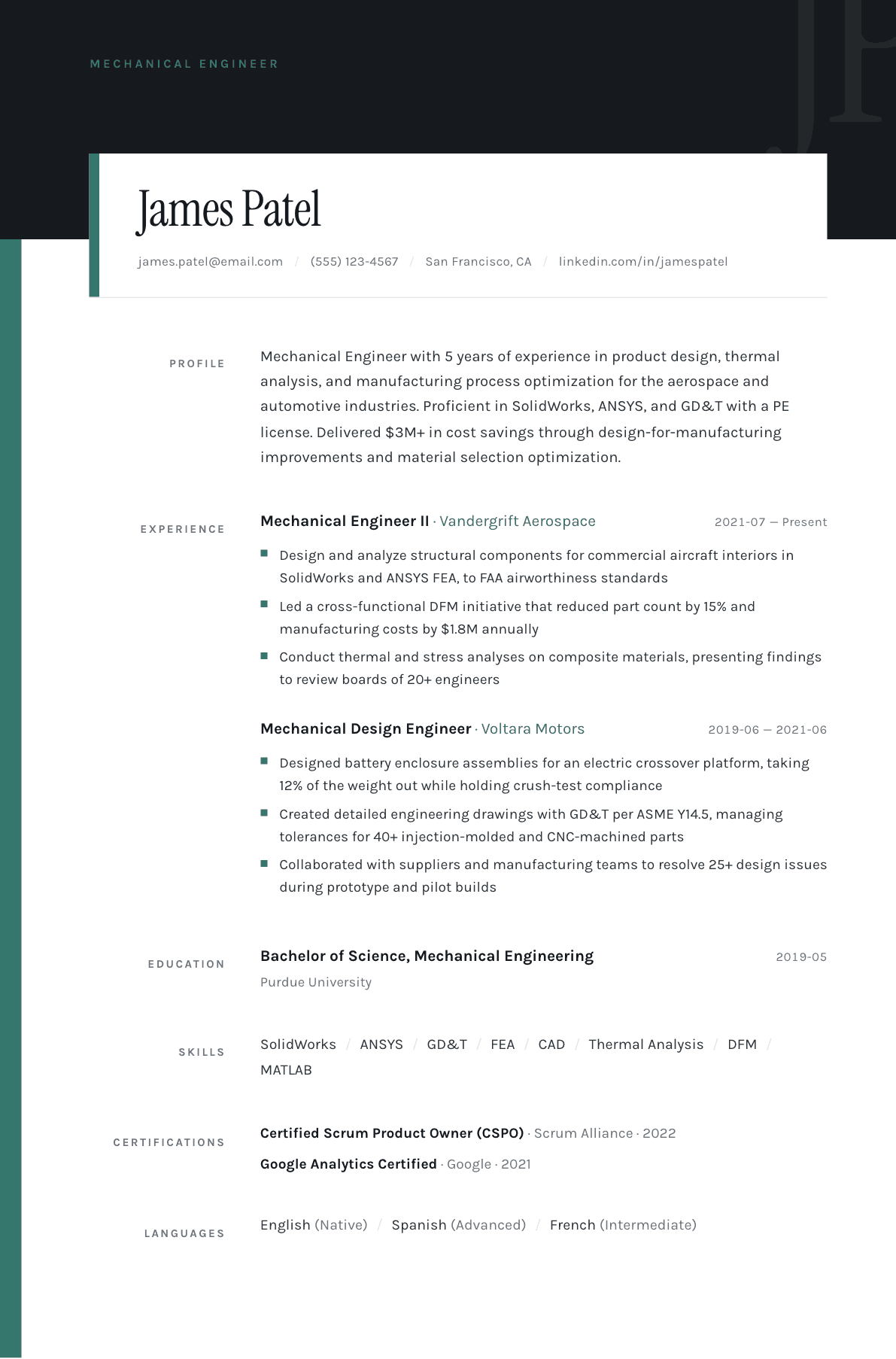 Mechanical Engineer resume example, Quarto template