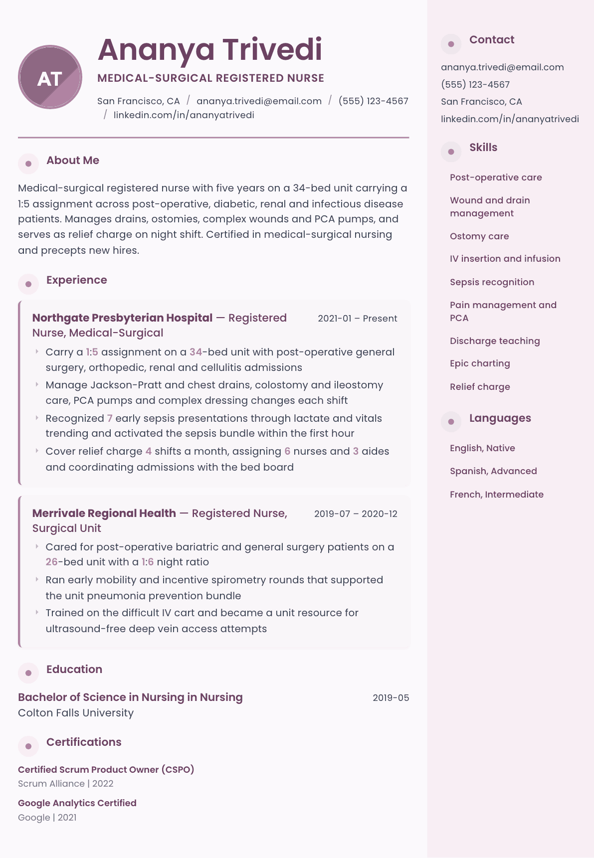 Med-Surg Nurse resume example, Bloom template