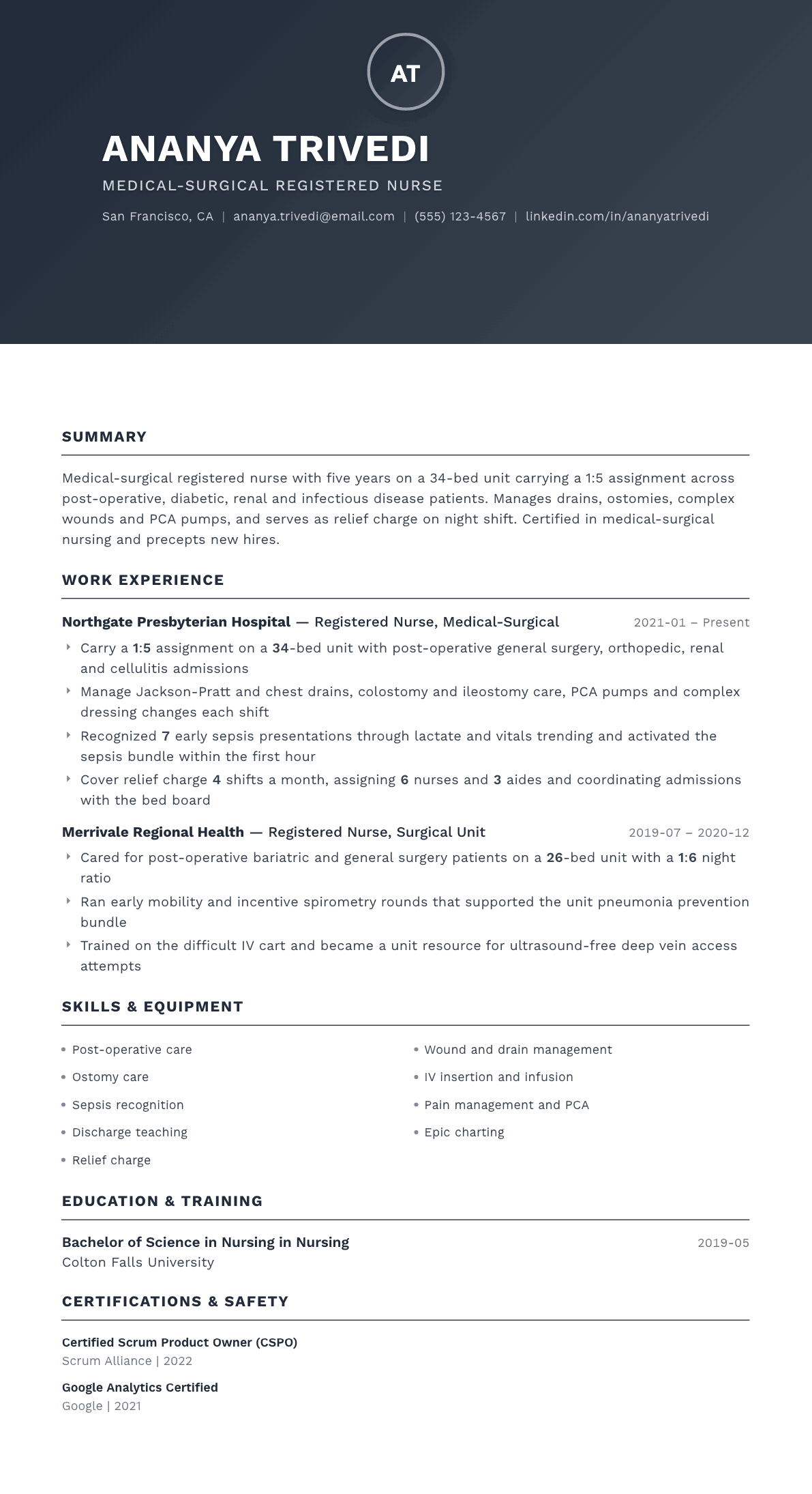 Med-Surg Nurse resume example, Foundation template