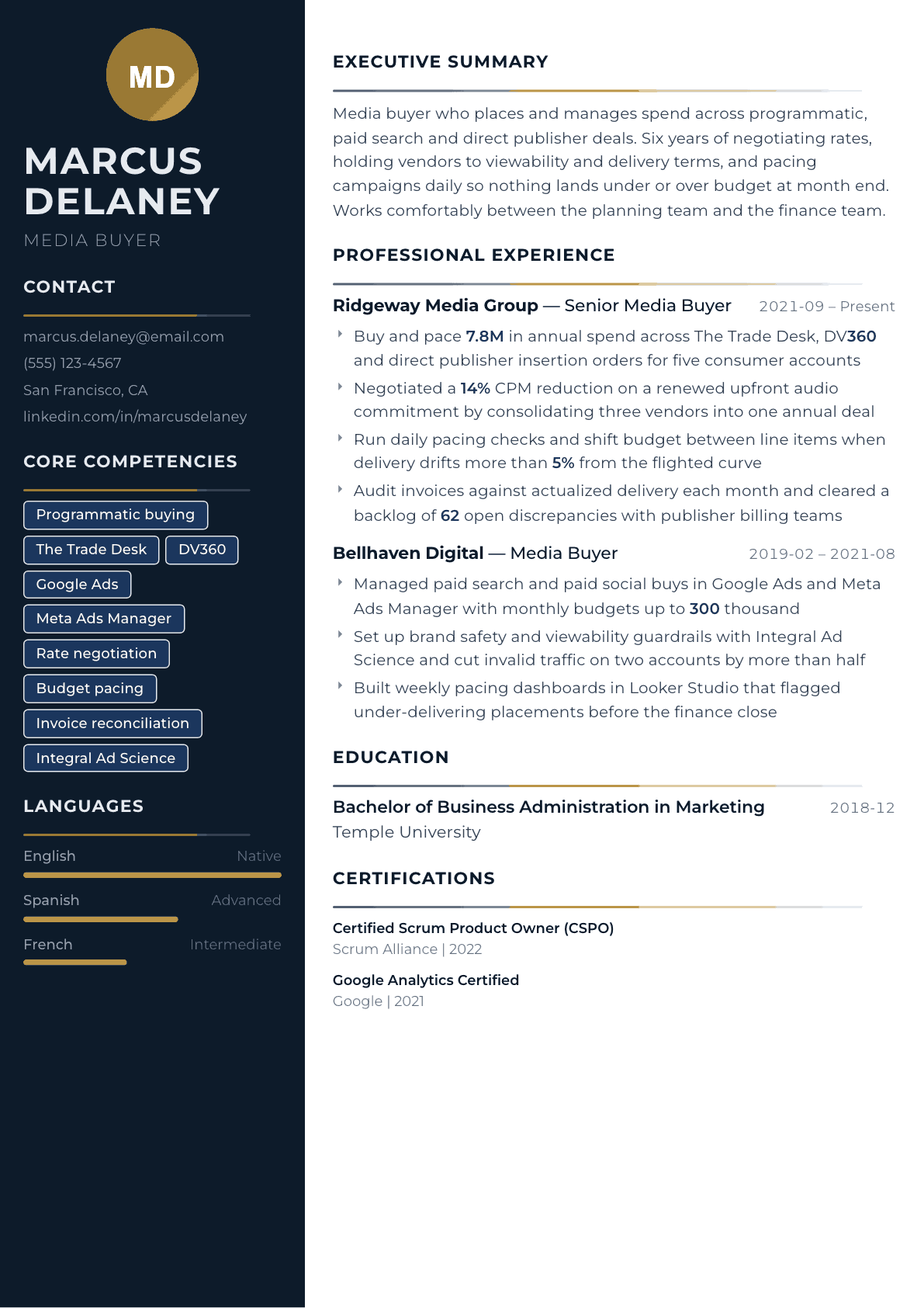 Media Buyer resume example, Catalyst template