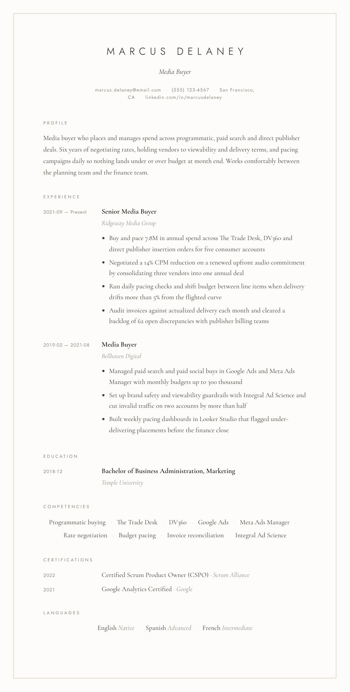 Media Buyer resume example, Vellum template