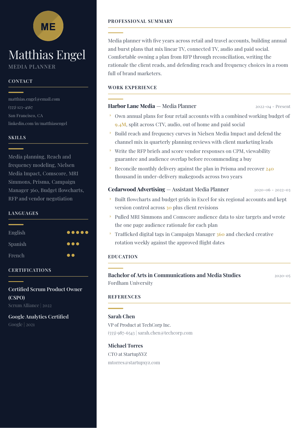 Media Planner resume example, Zurich template