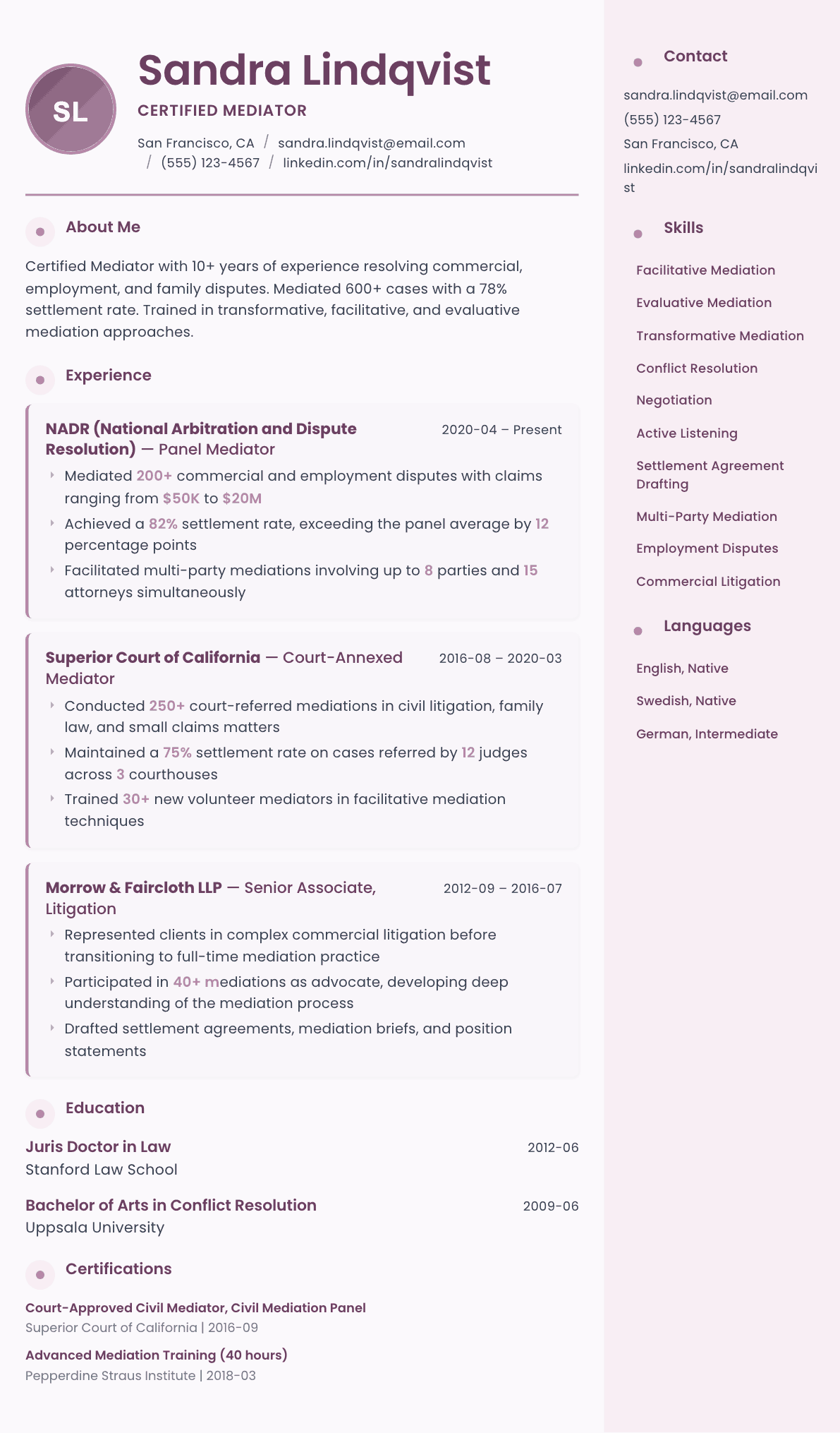 Mediator resume example, Bloom template
