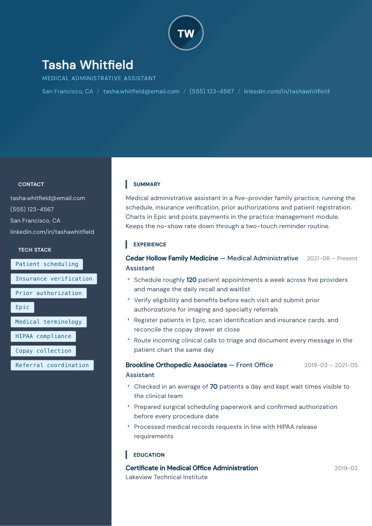 Medical Administrative Assistant resume example, Prism template