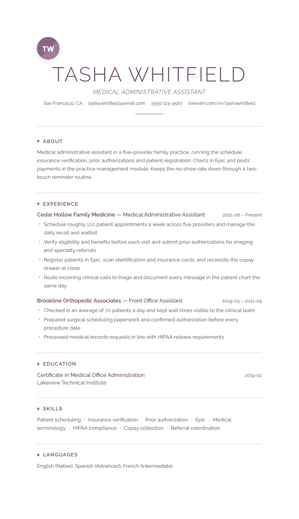 Medical Administrative Assistant resume example, Serenity template
