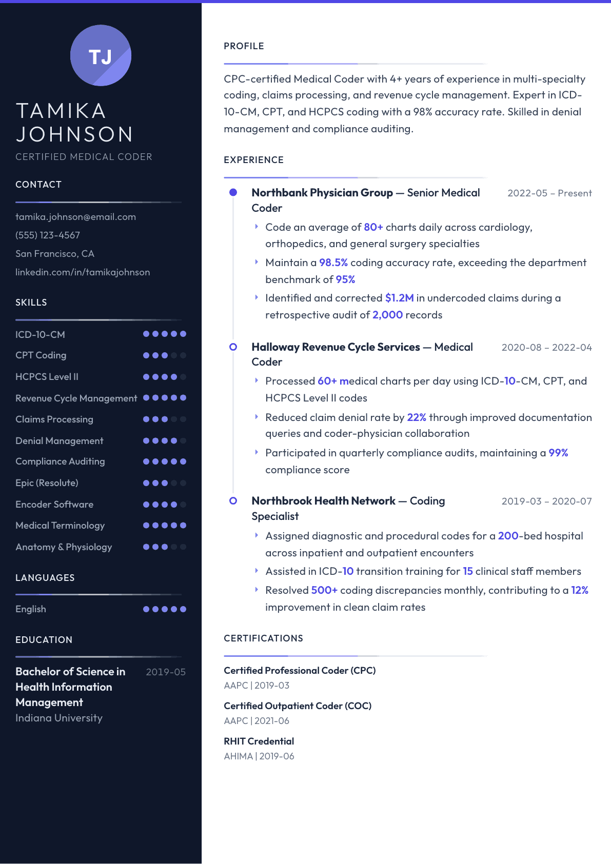 Medical Coder resume example, Zenith template