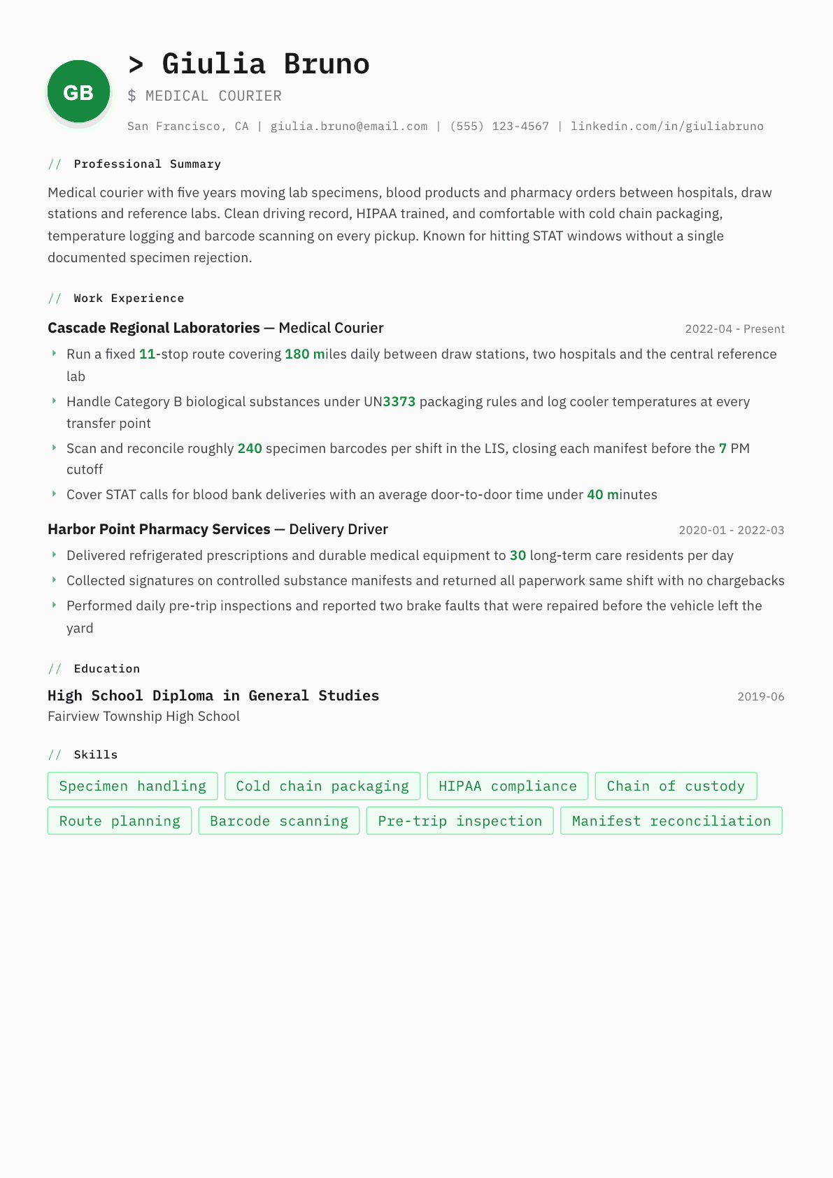 Medical Courier resume example, Amsterdam template