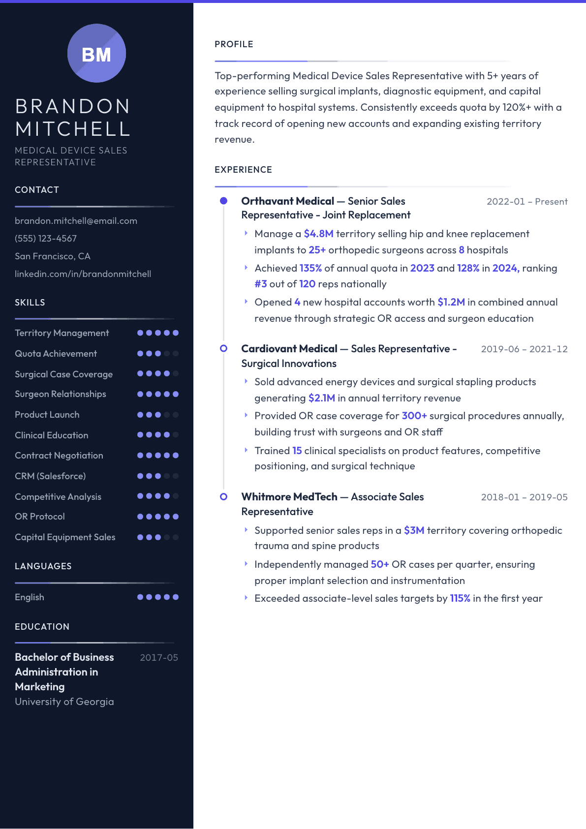 Medical Device Sales resume example, Zenith template