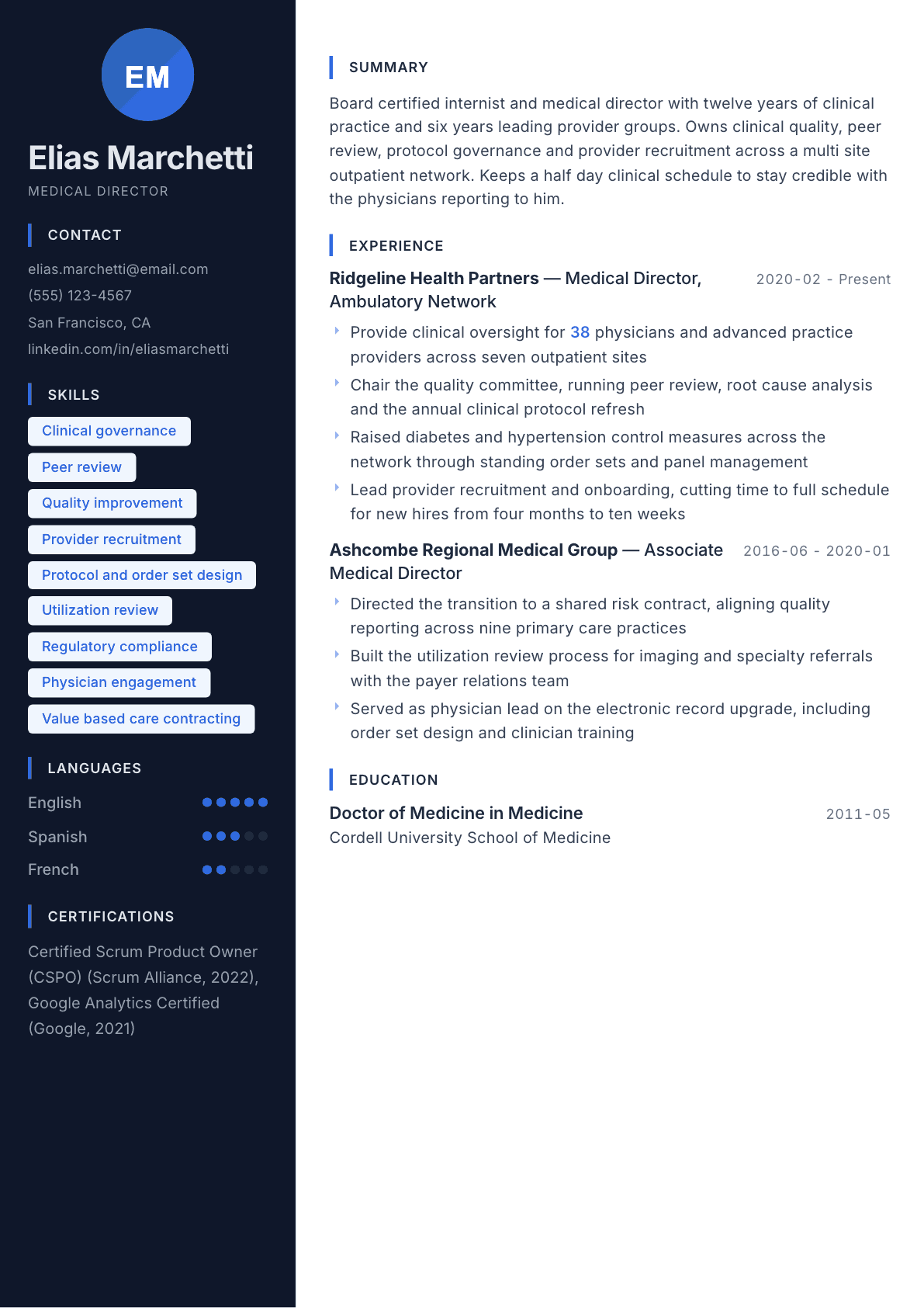 Medical Director resume example, Midnight Sapphire template