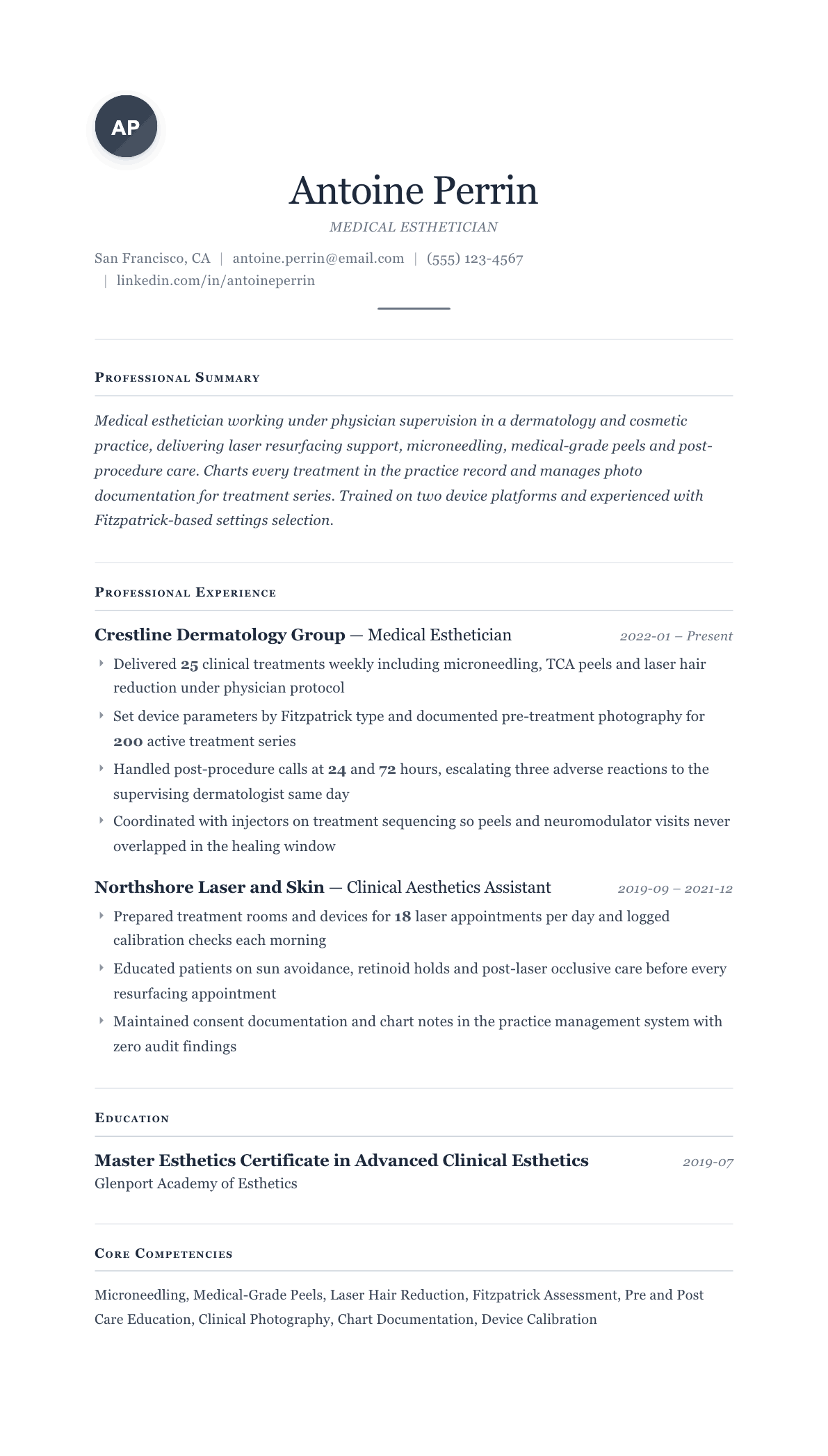 Medical Esthetician resume example, Cornerstone template