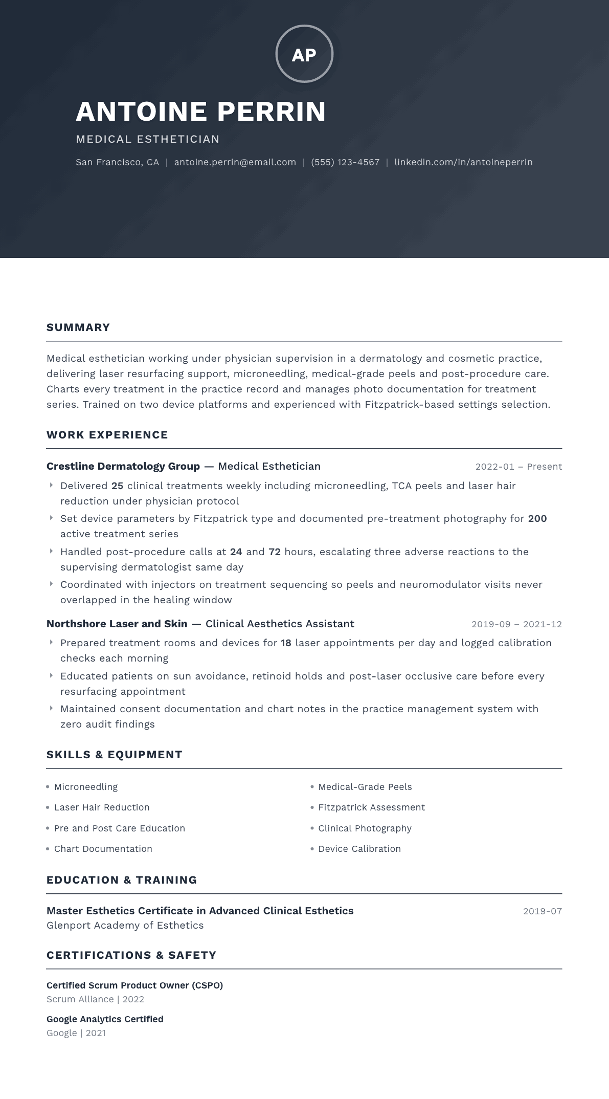 Medical Esthetician resume example, Foundation template