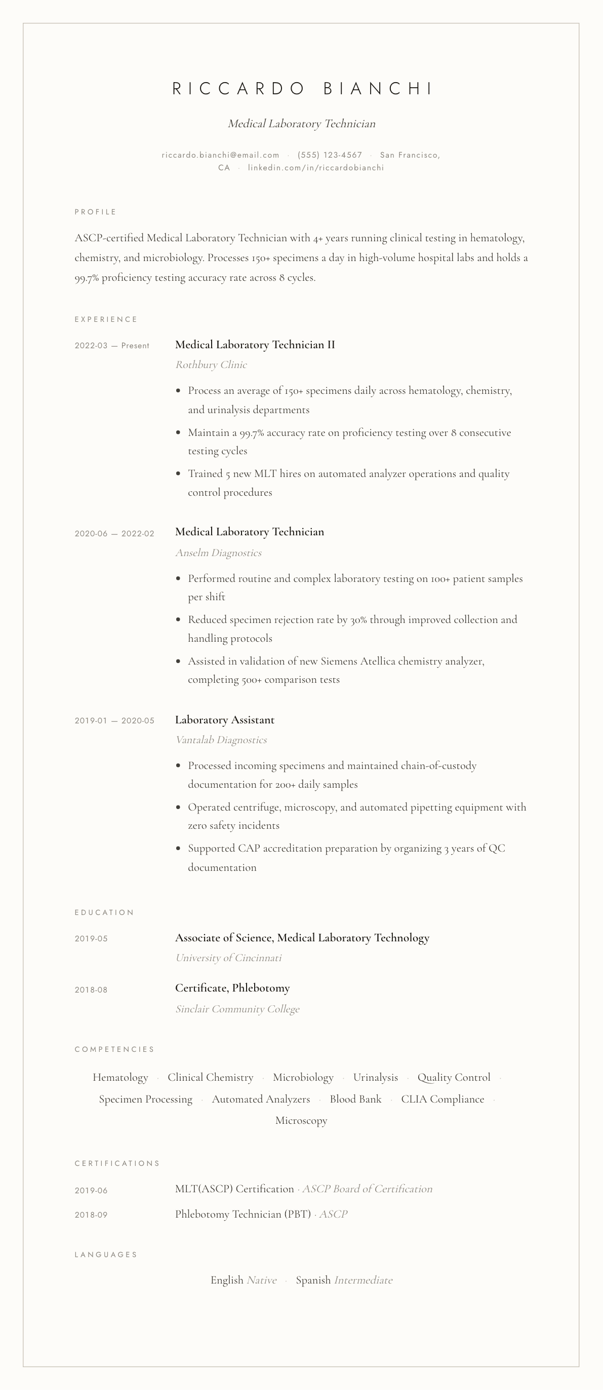 Medical Lab Technician resume example, Vellum template