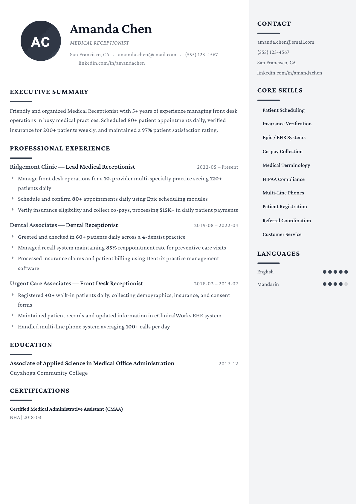Medical Receptionist resume example, Monarch template