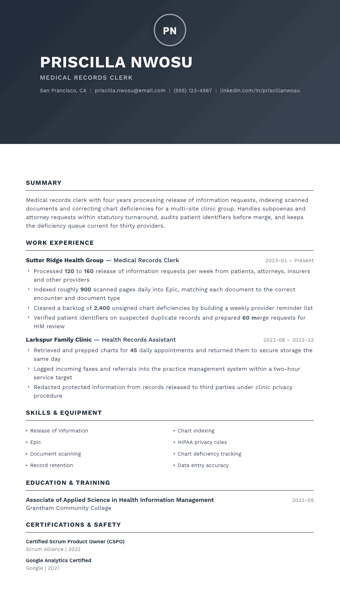 Medical Records Clerk resume example, Foundation template