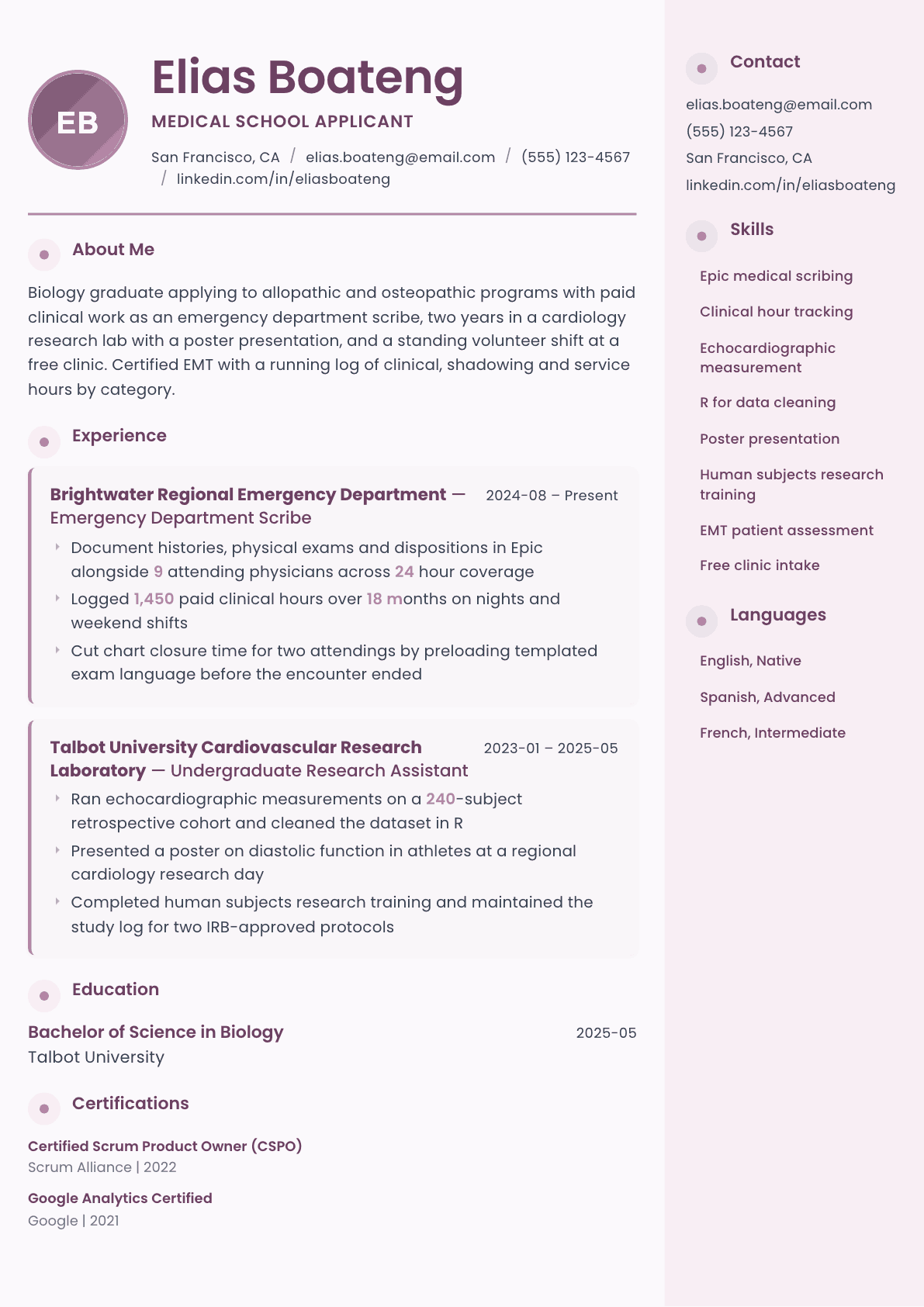 Medical School Applicant resume example, Bloom template