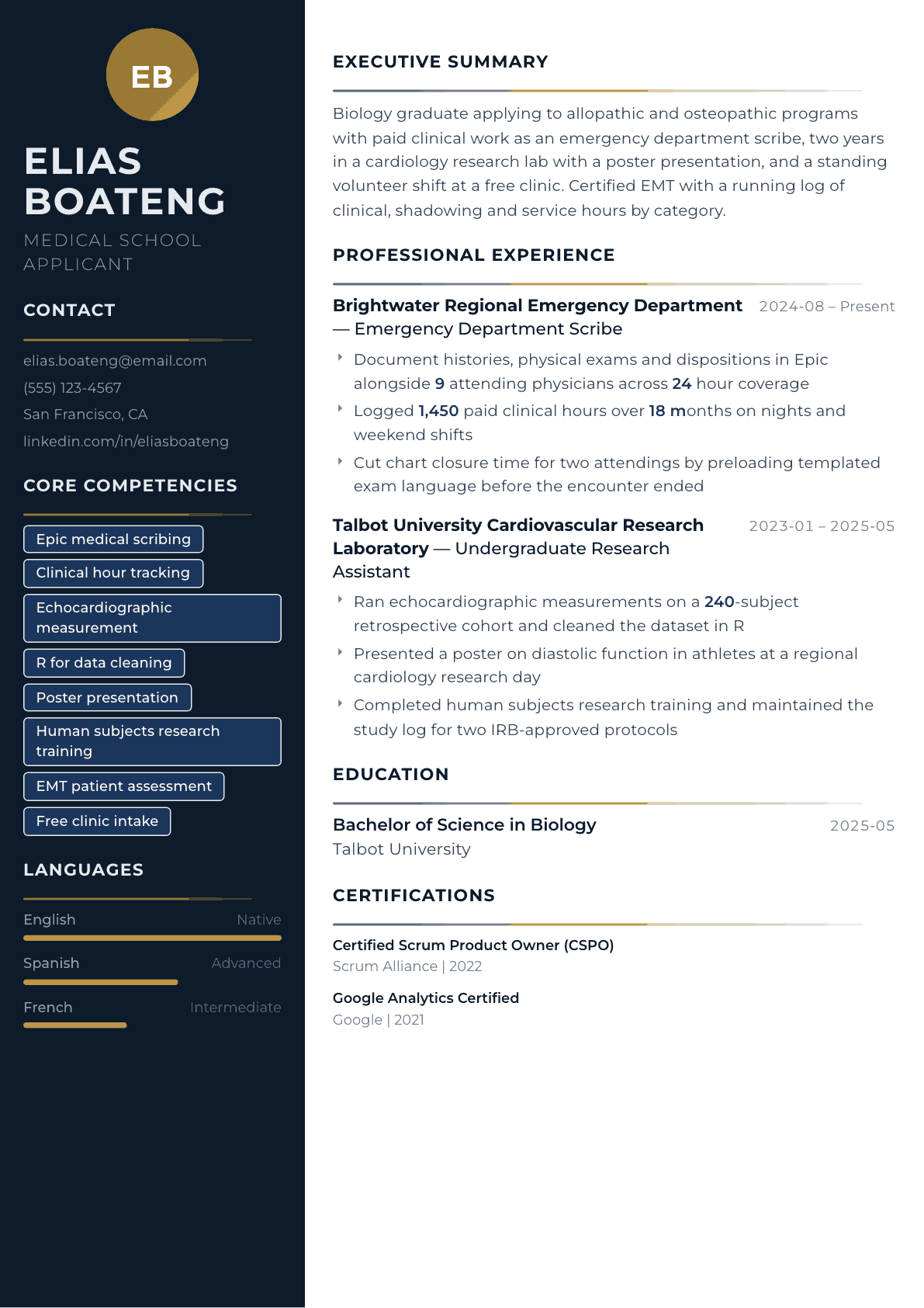 Medical School Applicant resume example, Catalyst template
