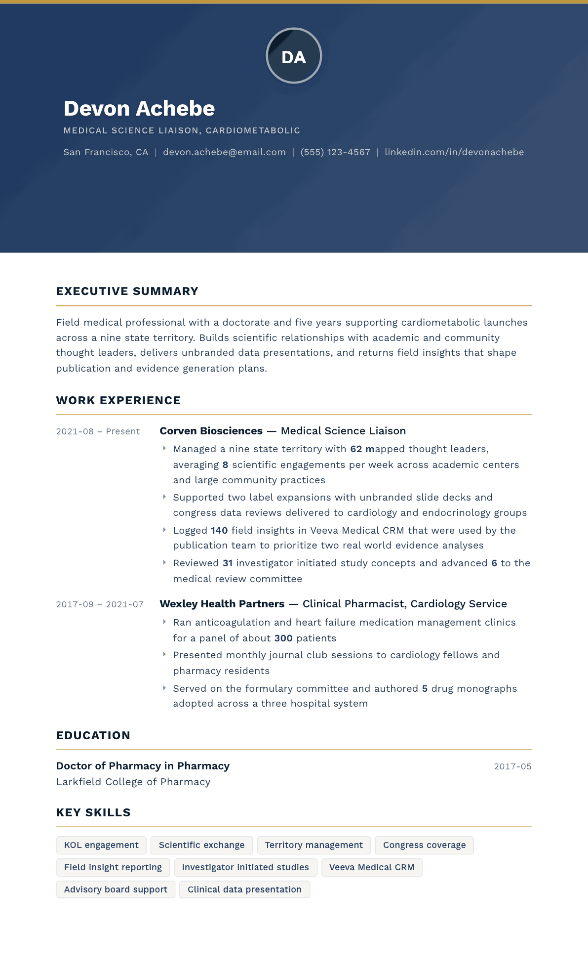 Medical Science Liaison resume example, Sovereign template