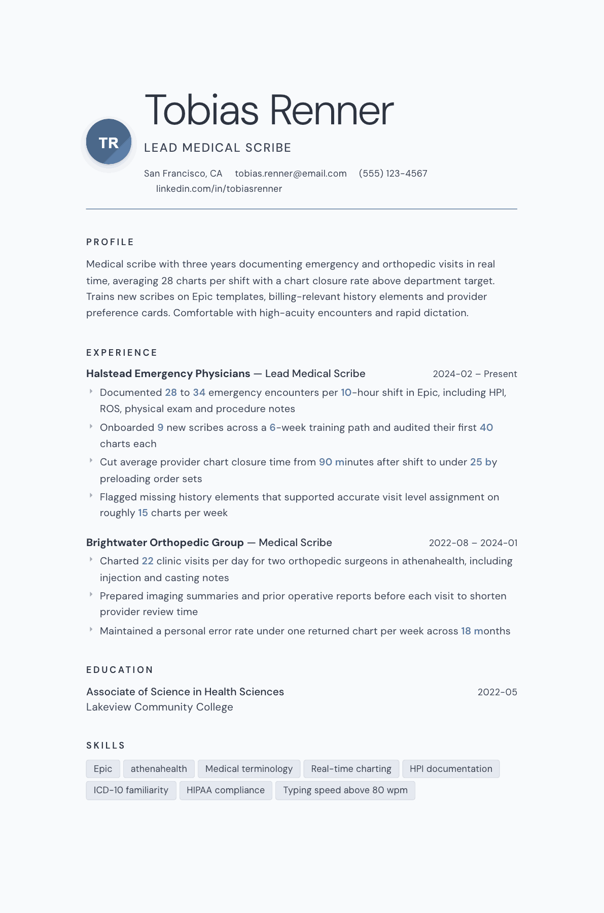 Medical Scribe resume example, Nordic template