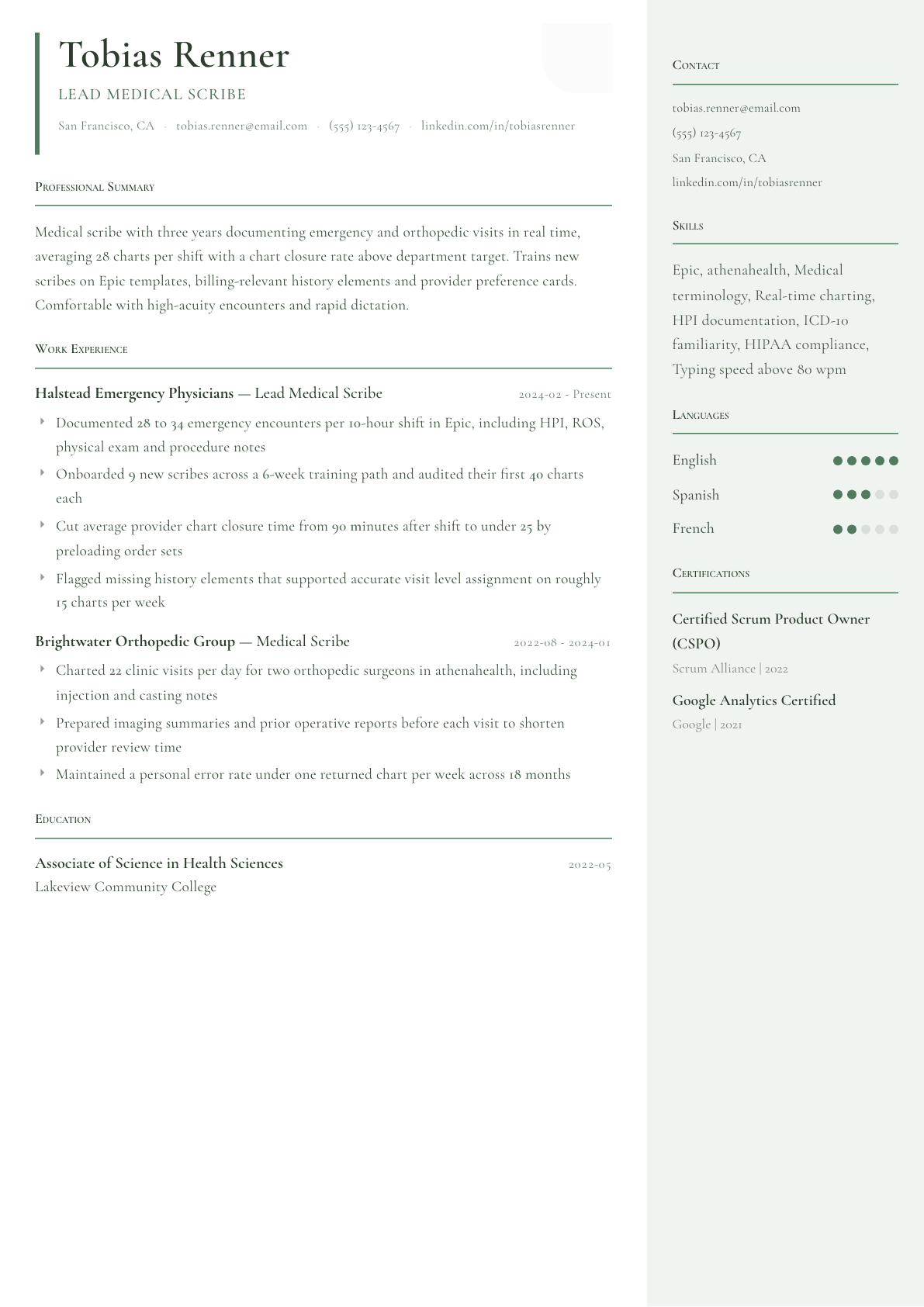 Medical Scribe resume example, Copenhagen template