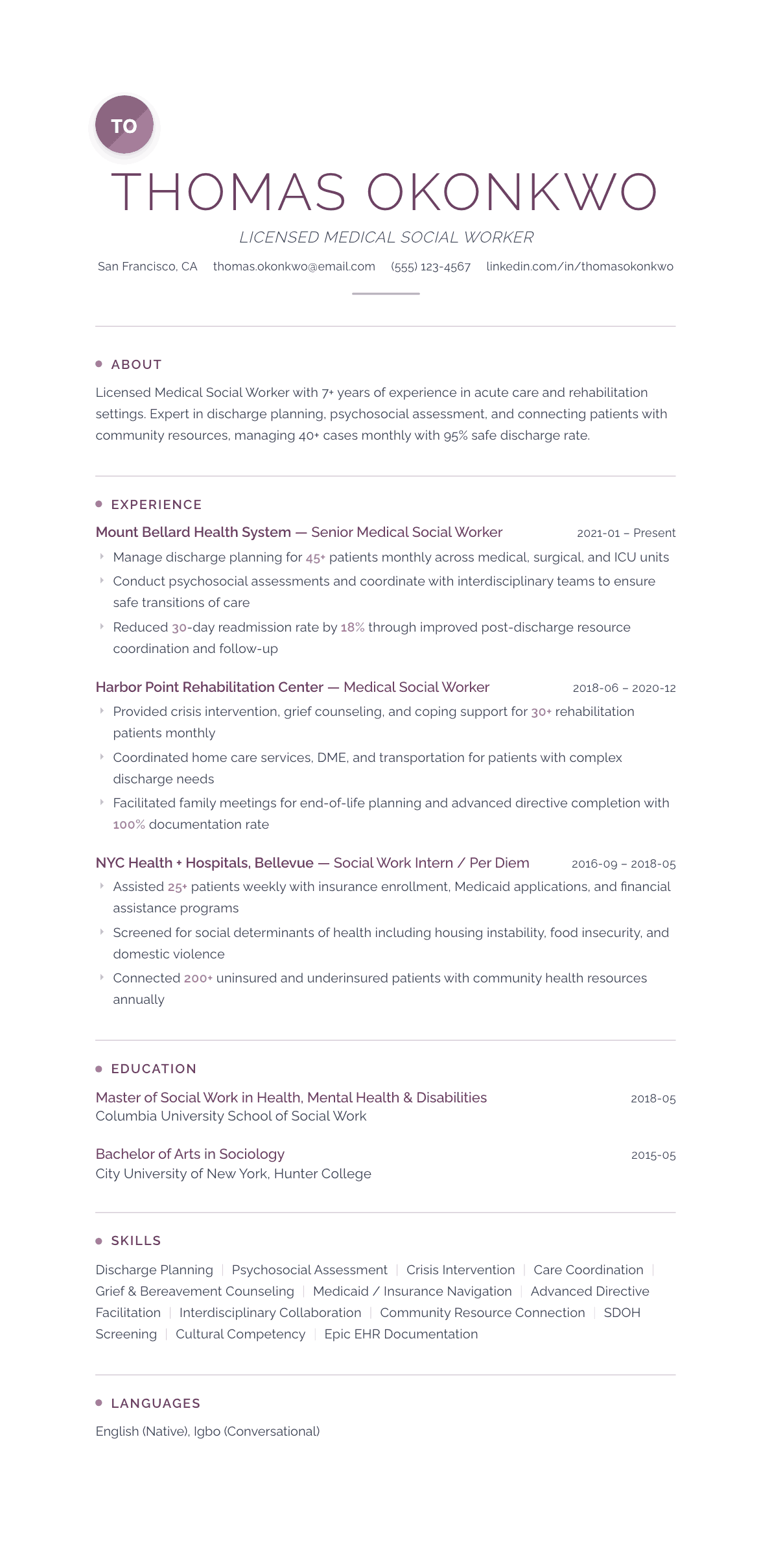 Medical Social Worker resume example, Serenity template