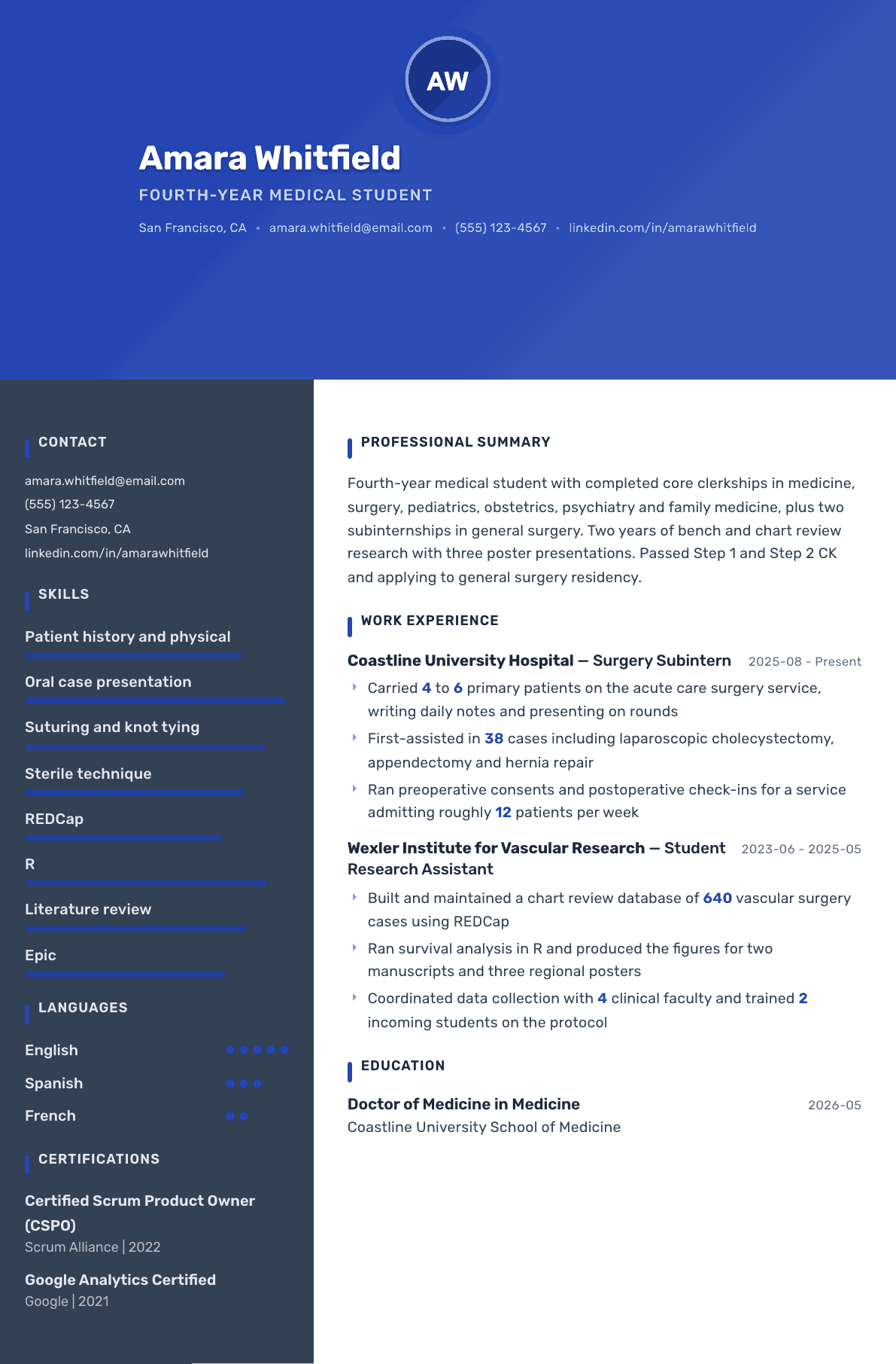 Medical Student resume example, Barcelona template