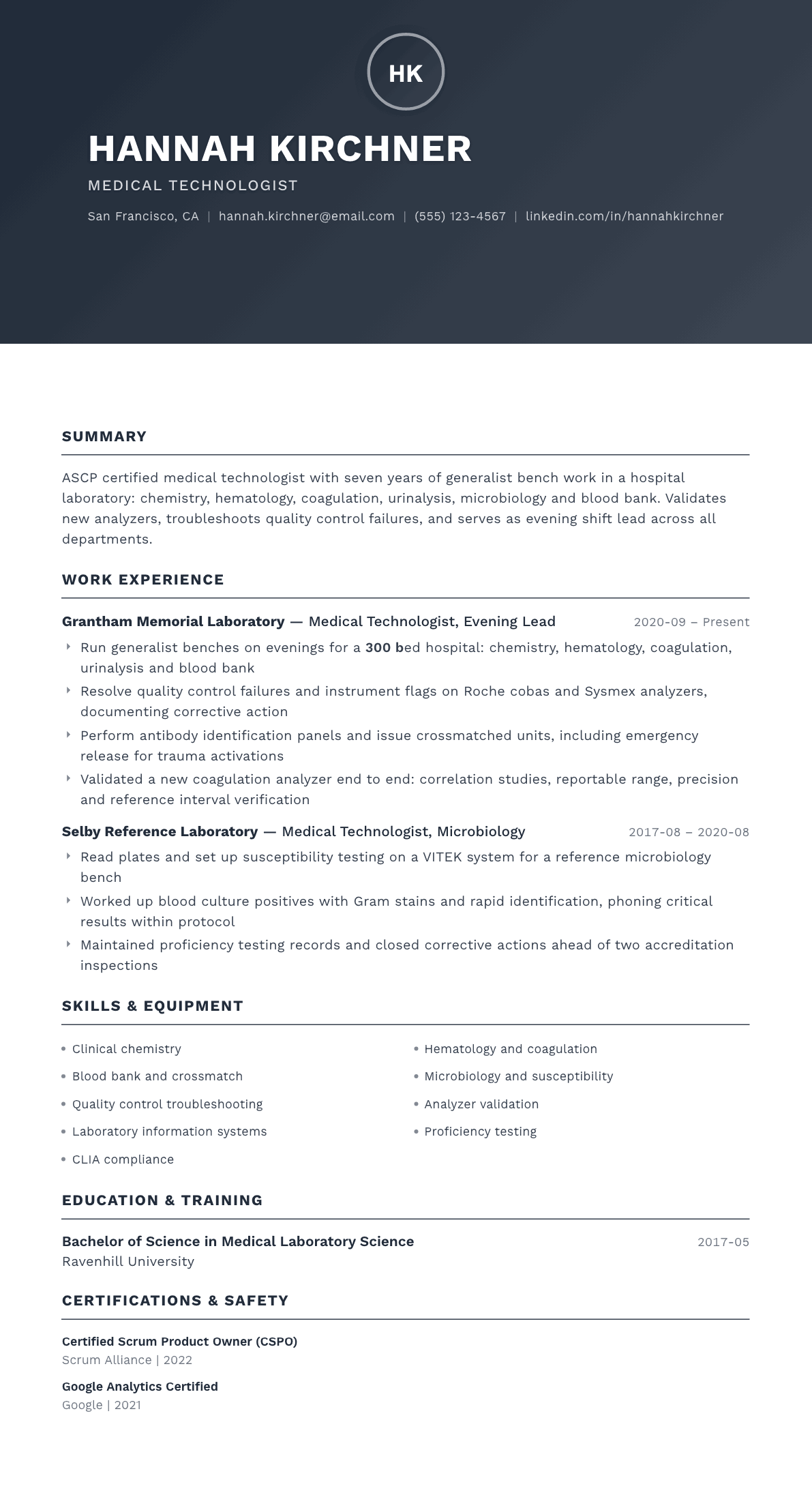 Medical Technologist resume example, Foundation template