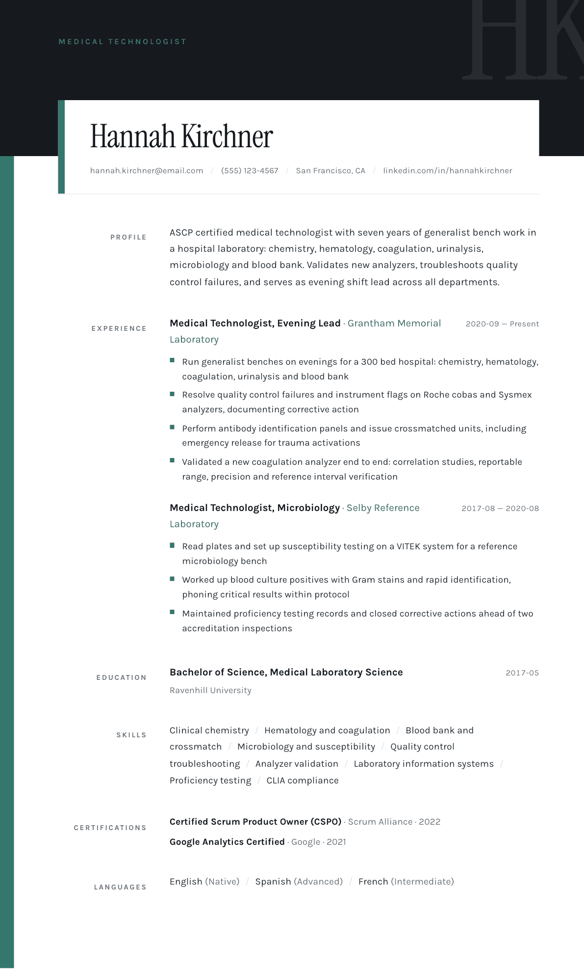 Medical Technologist resume example, Quarto template