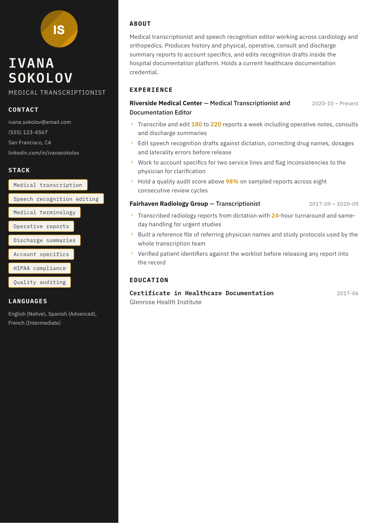 Medical Transcriptionist resume example, Neon template