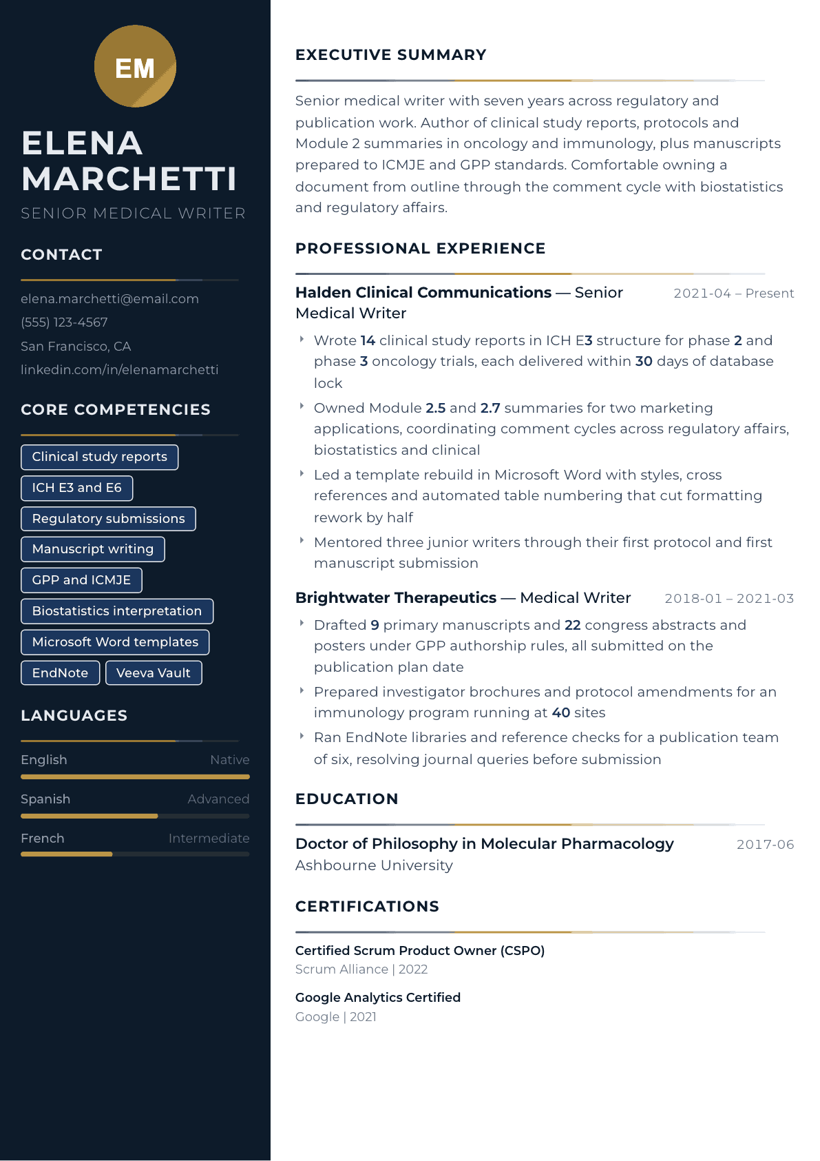Medical Writer resume example, Catalyst template