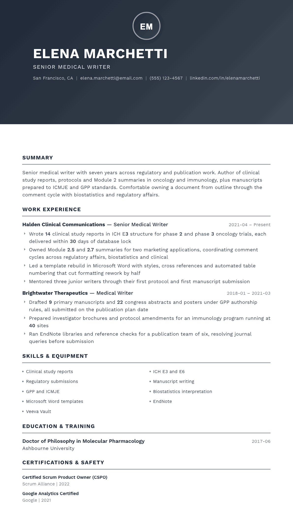 Medical Writer resume example, Foundation template