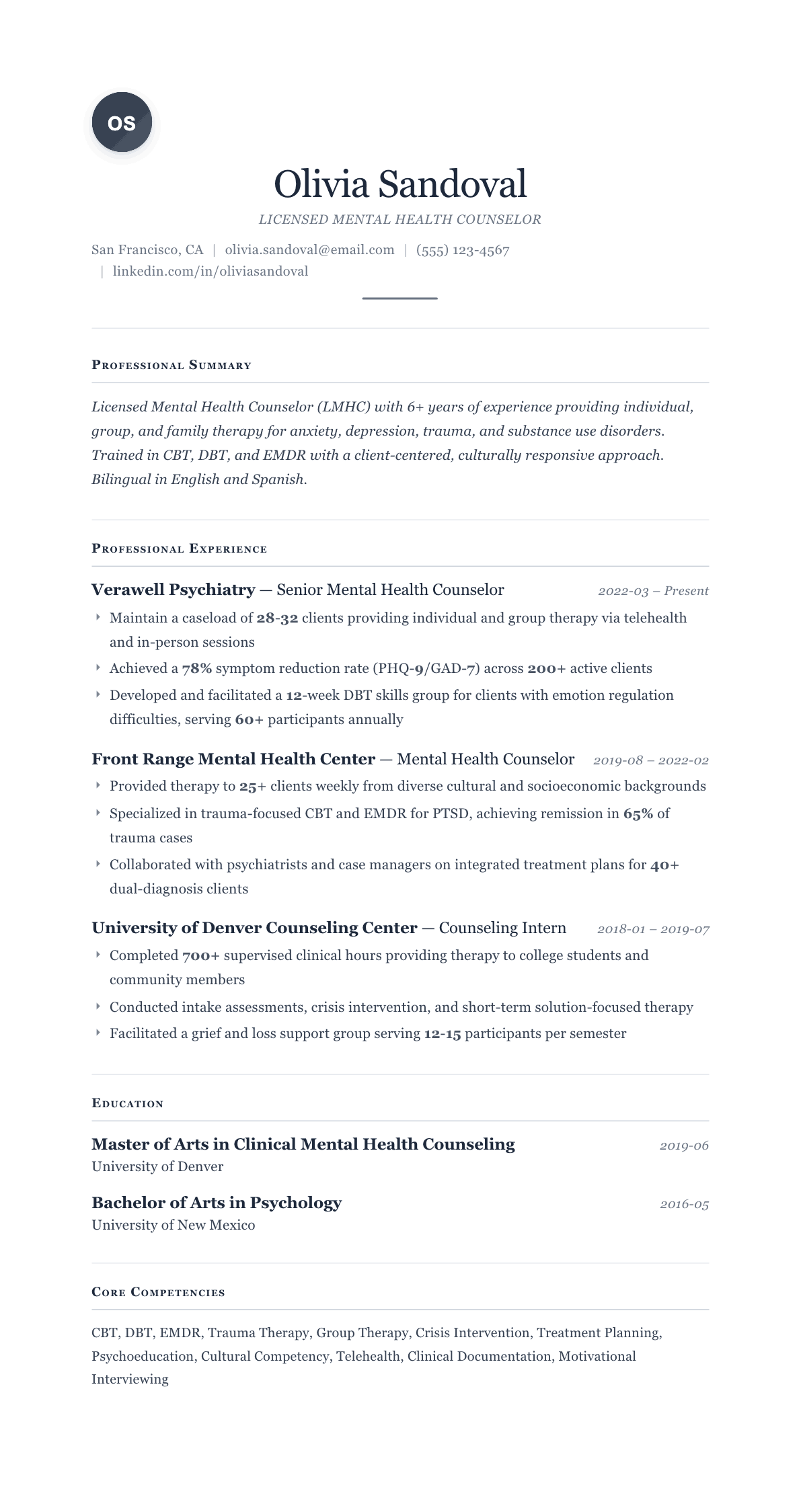 Mental Health Counselor resume example, Cornerstone template