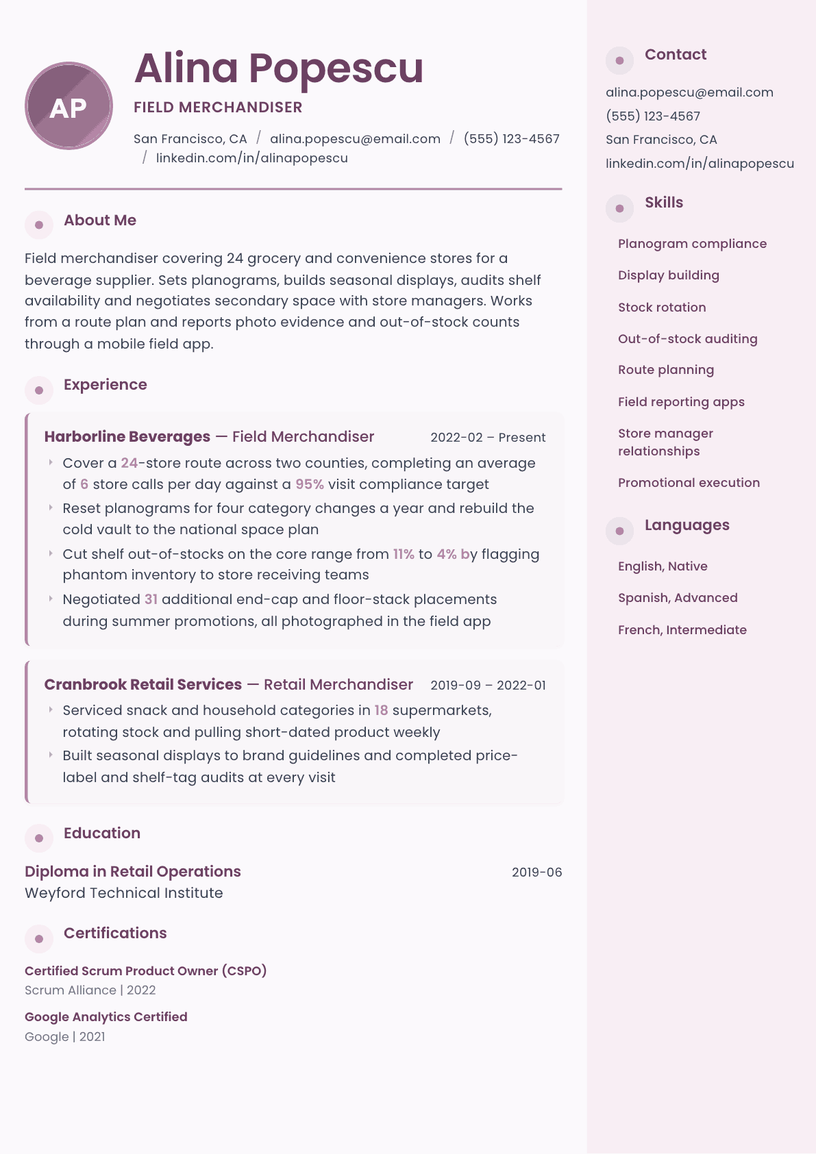 Merchandiser resume example, Bloom template