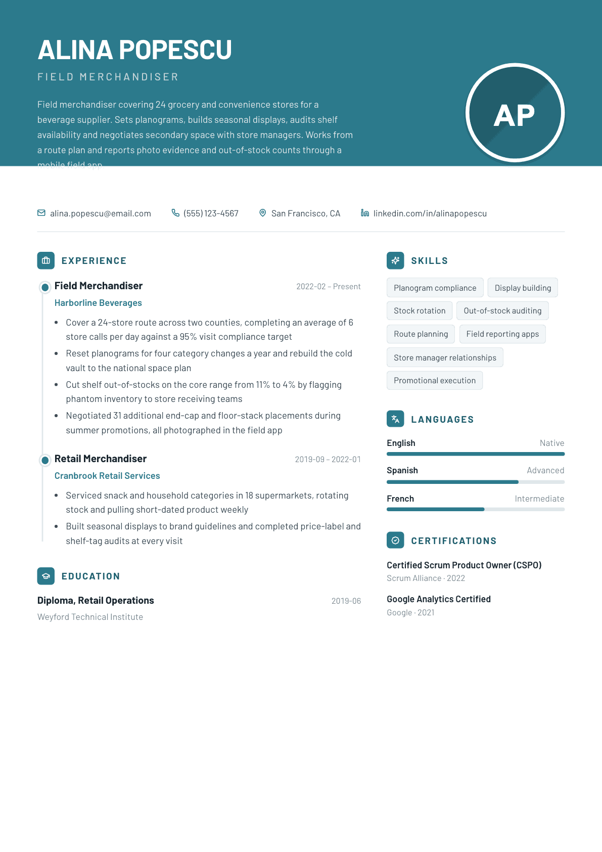 Merchandiser resume example, Harbor template