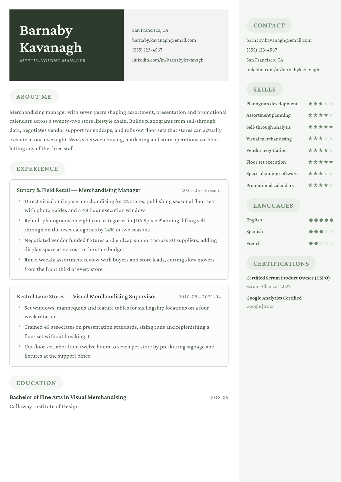 Merchandising Manager resume example, Mayfair template
