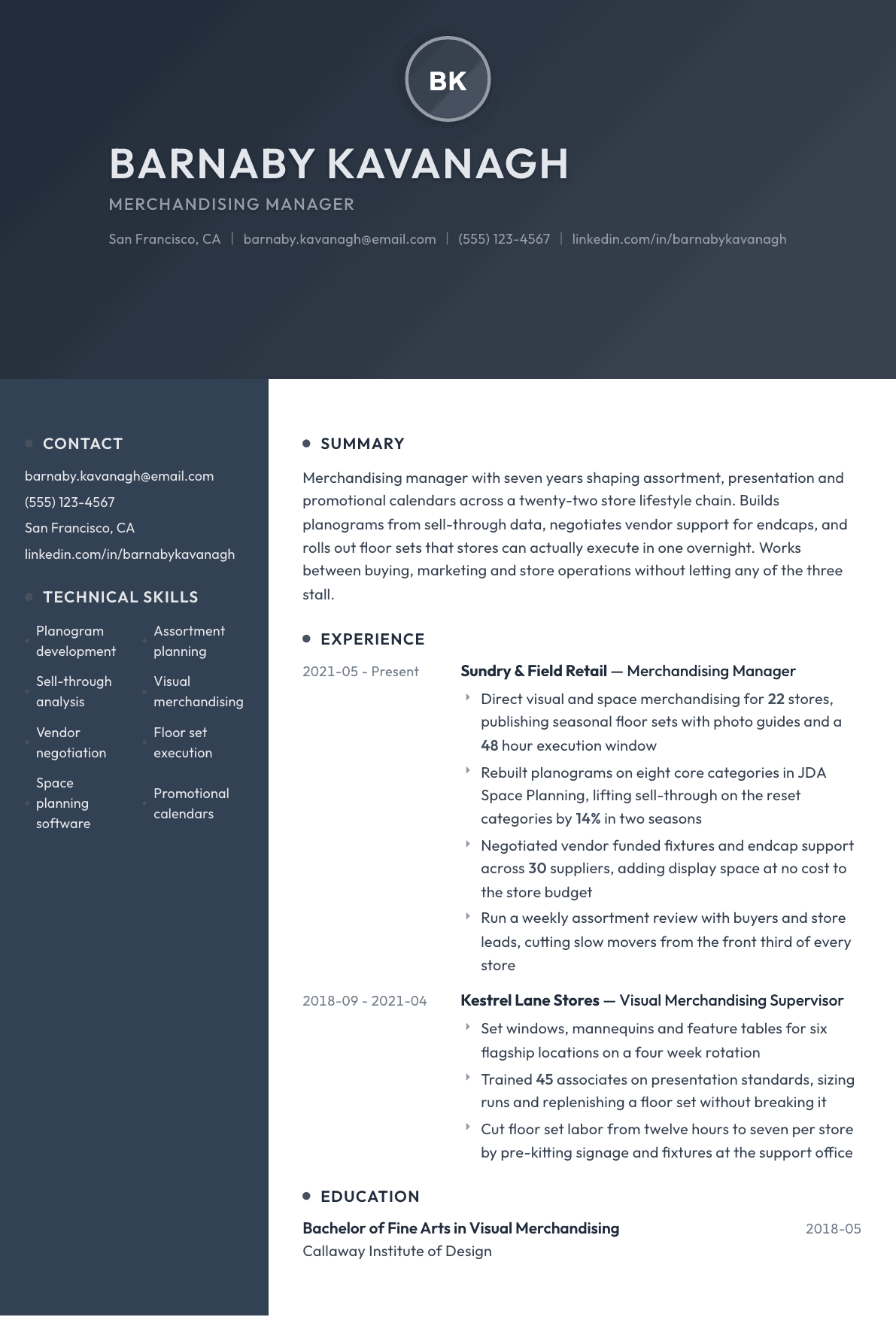 Merchandising Manager resume example, Binary template