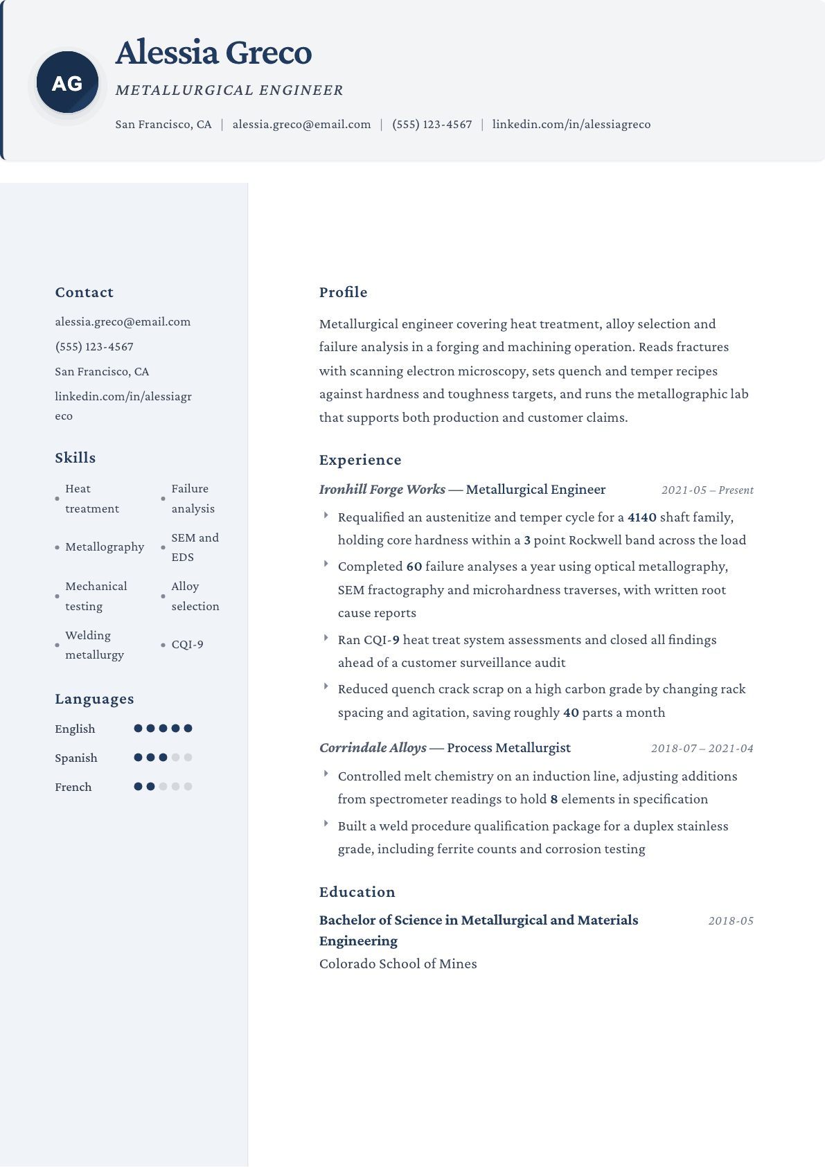 Metallurgical Engineer resume example, Formal template