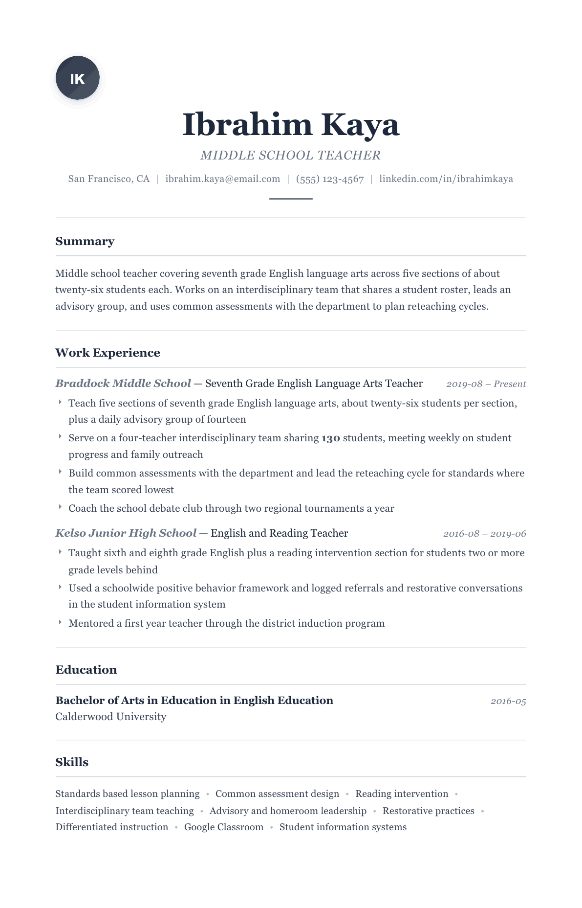 Middle School Teacher resume example, Classic template