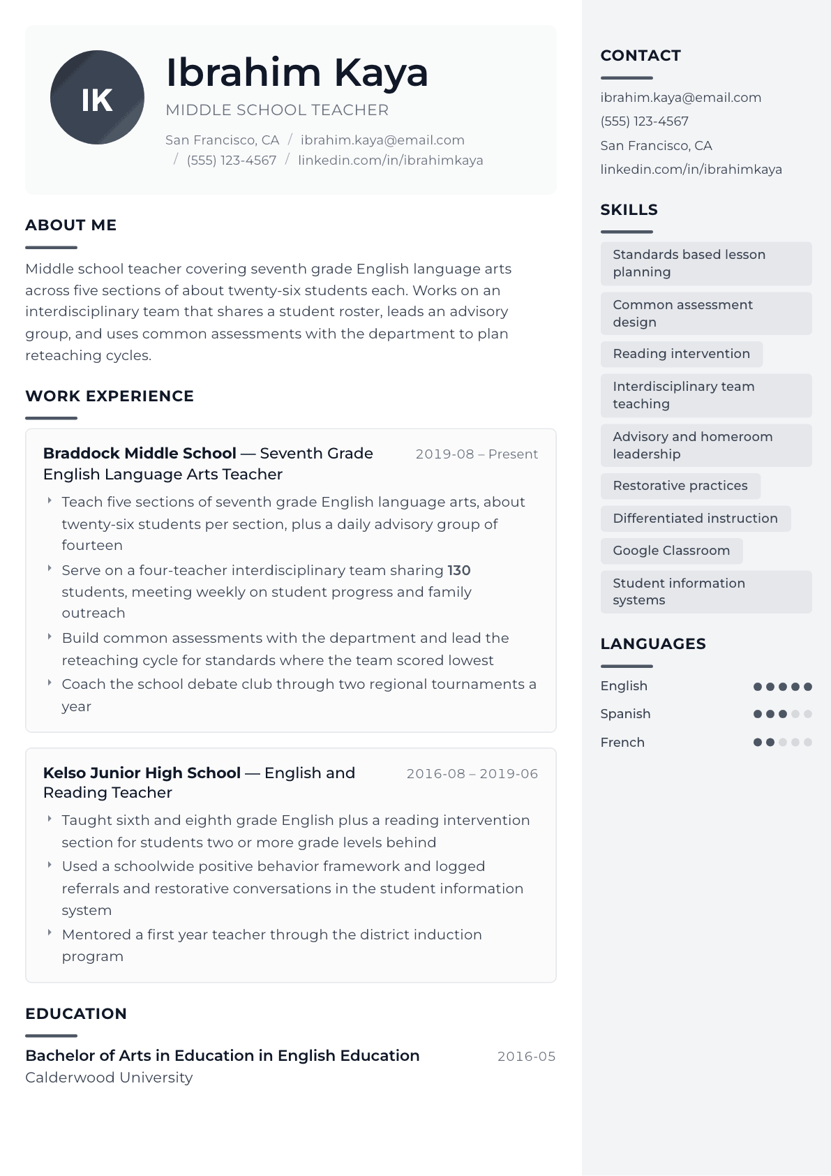 Middle School Teacher resume example, Metropolitan template