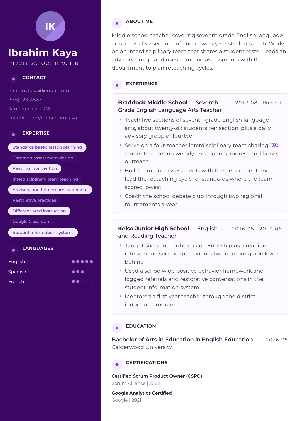 Middle School Teacher resume example, Palette template