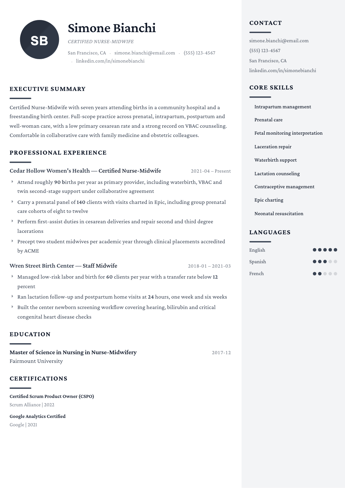 Midwife resume example, Monarch template