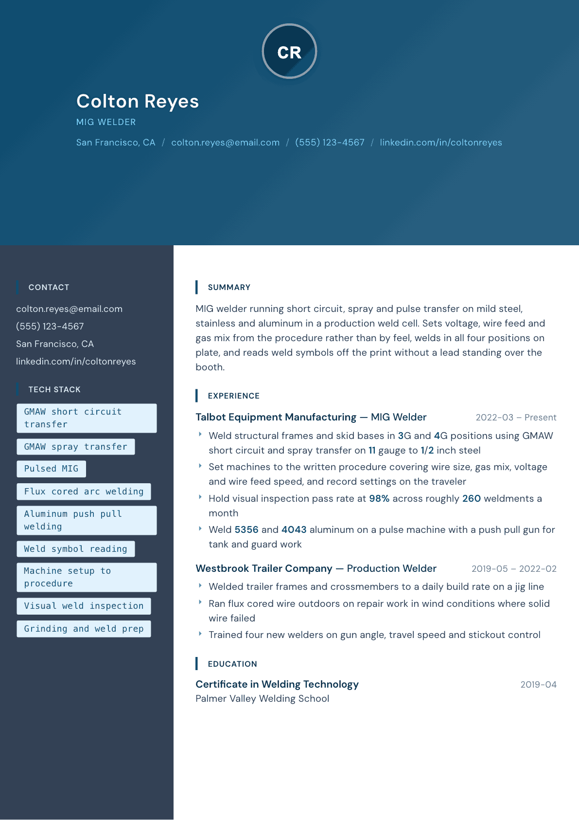 MIG Welder resume example, Prism template