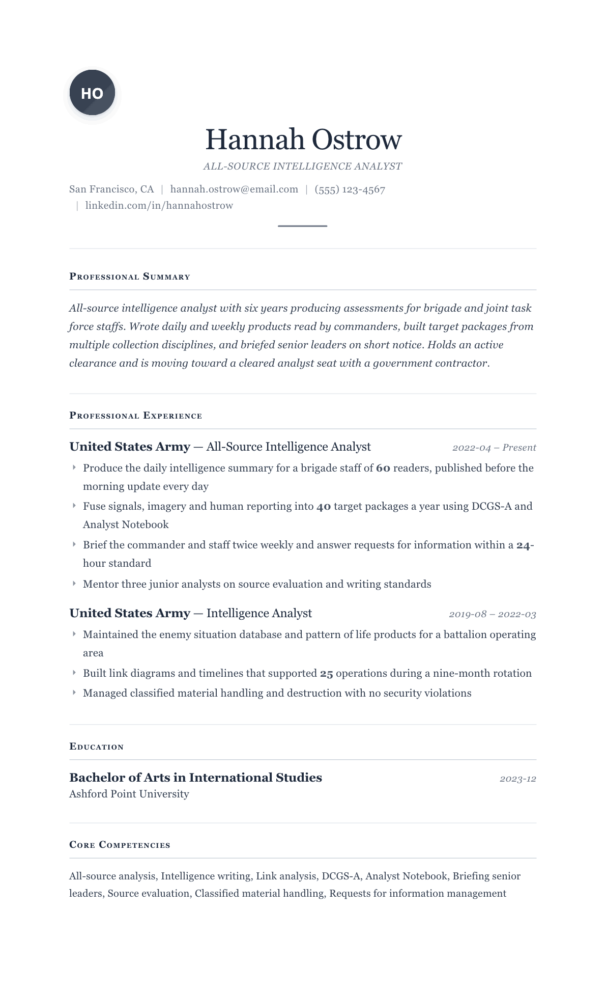 Military Intelligence Analyst resume example, Cornerstone template